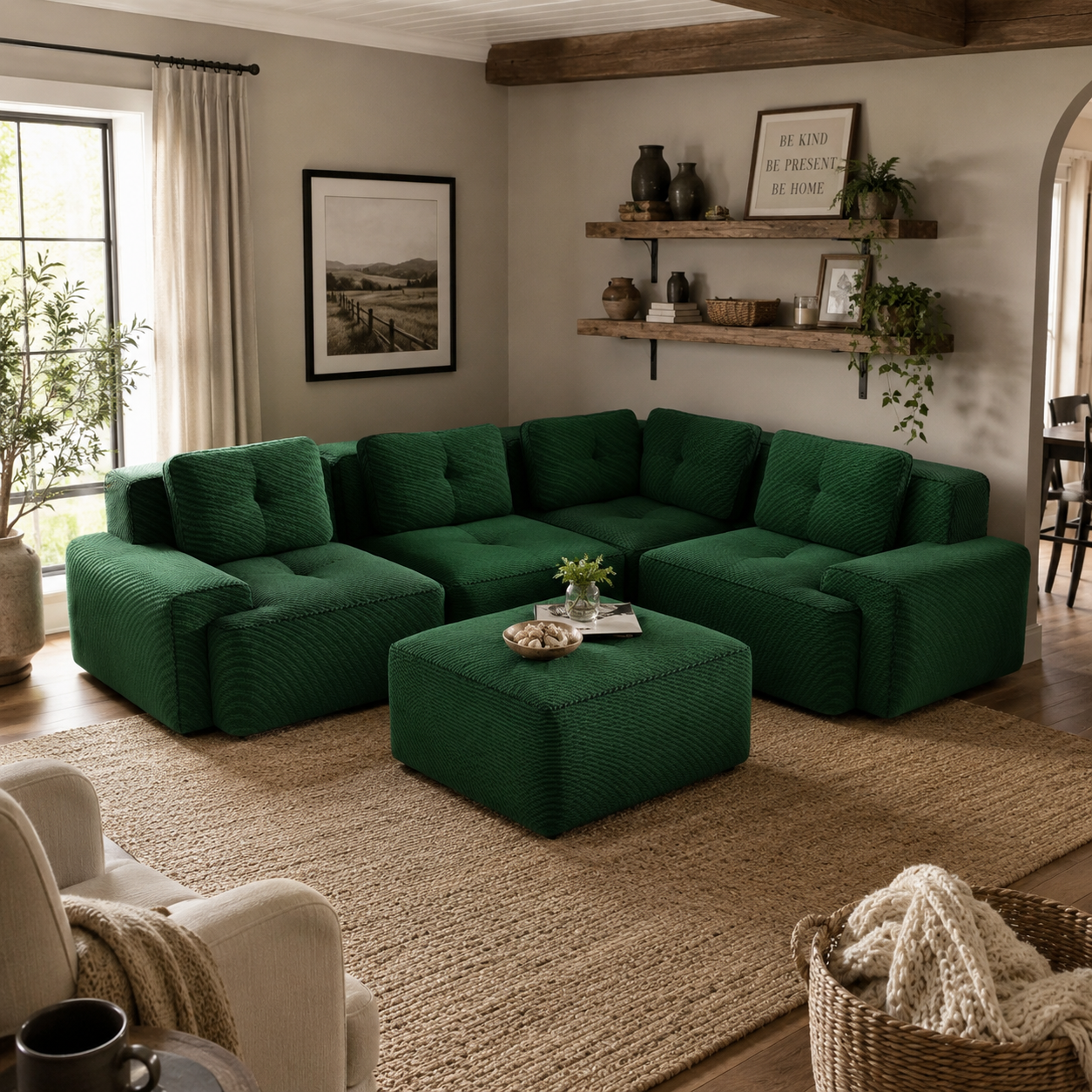 Racine 116" Corduroy Modular L-Shaped Sectional Corner Sofa with Ottoman