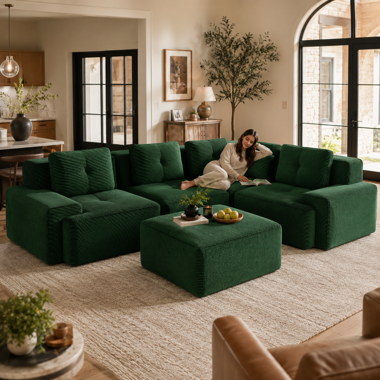 Racine 116" Corduroy Modular L-Shaped Sectional Corner Sofa with Ottoman