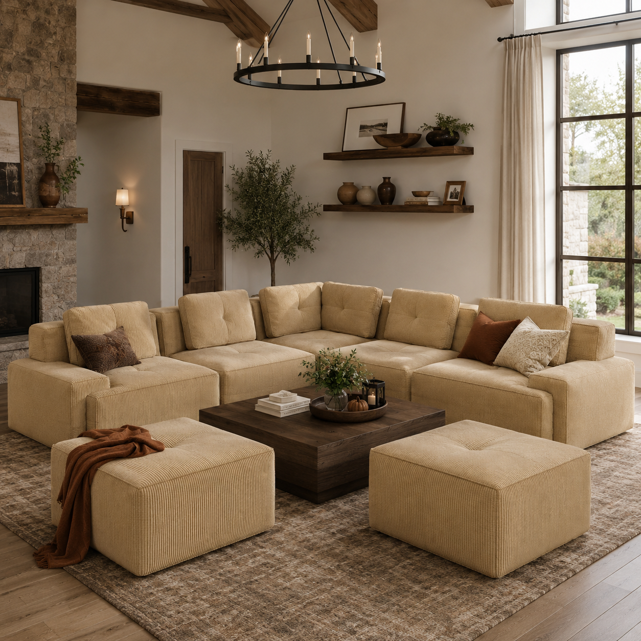 Racine 116" 7-Piece Oversized Corduroy Modular L-Shaped Sectional Corner Sofa with 2 Ottomans