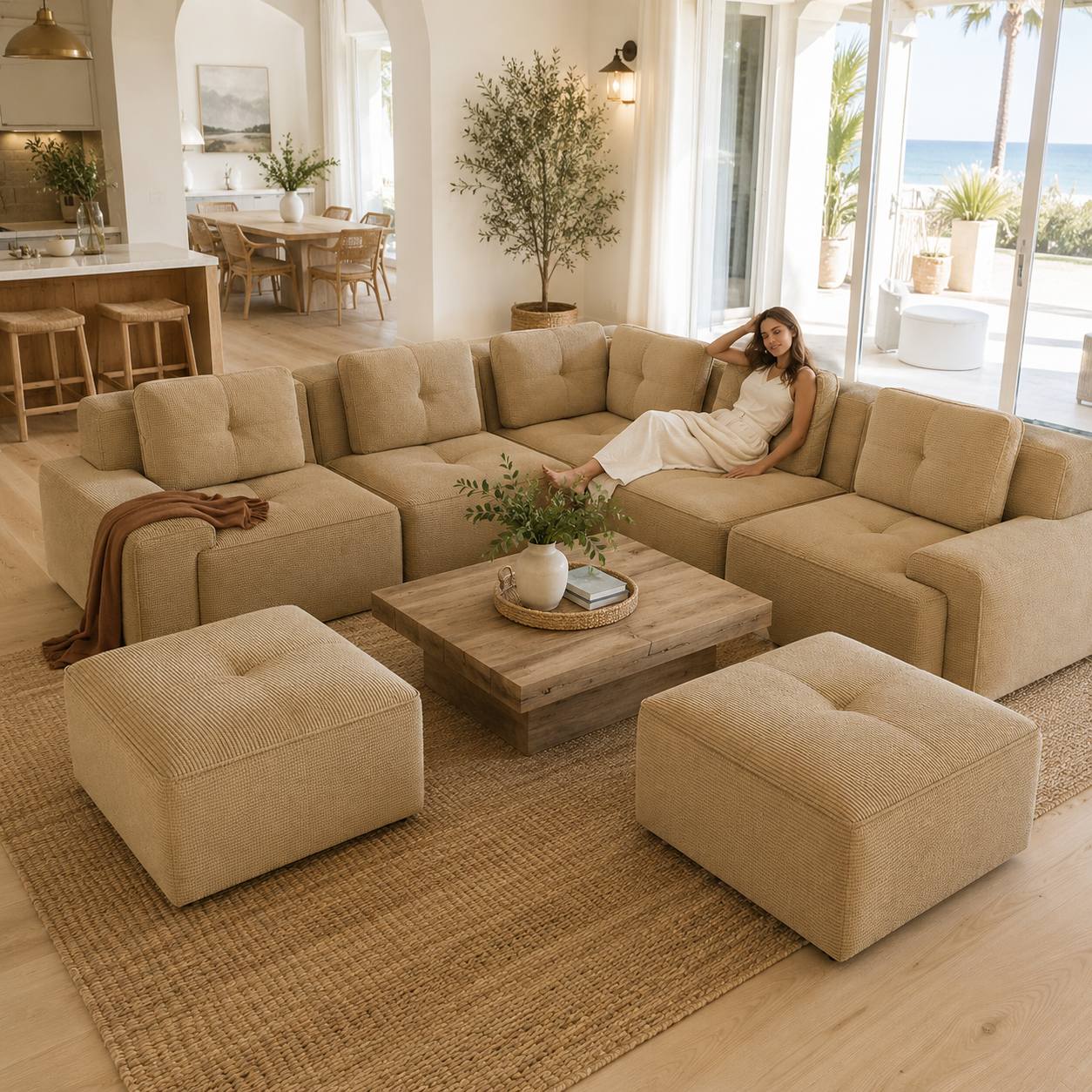 Racine 116" 7-Piece Oversized Corduroy Modular L-Shaped Sectional Corner Sofa with 2 Ottomans