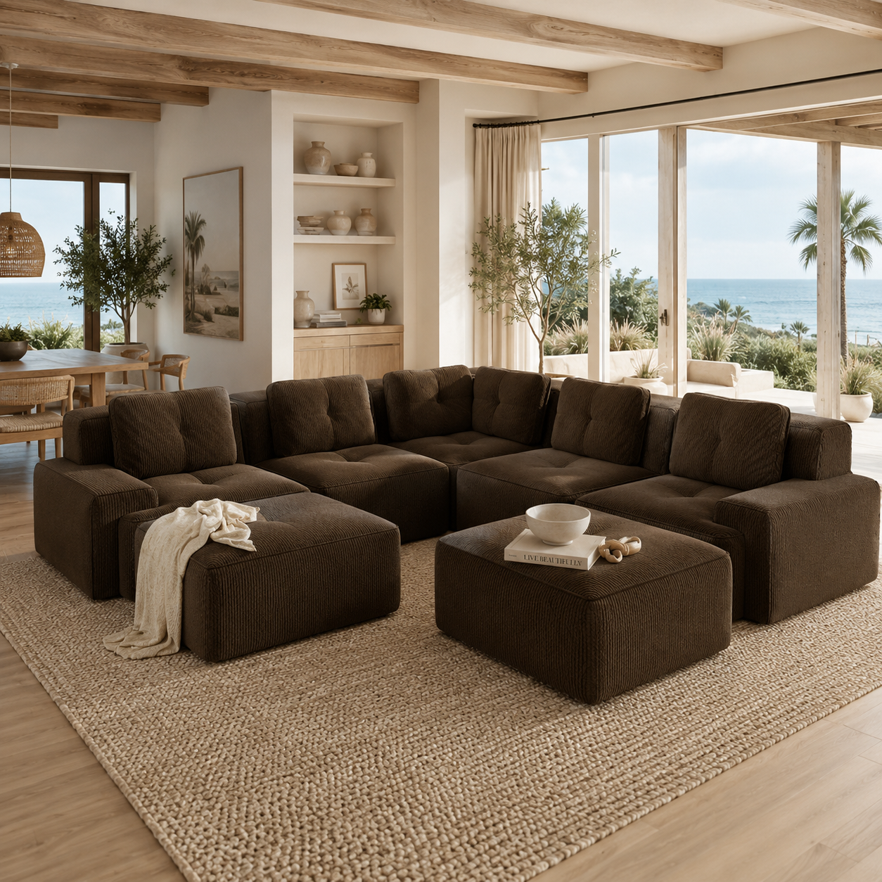 Racine 116" 7-Piece Oversized Corduroy Modular L-Shaped Sectional Corner Sofa with 2 Ottomans