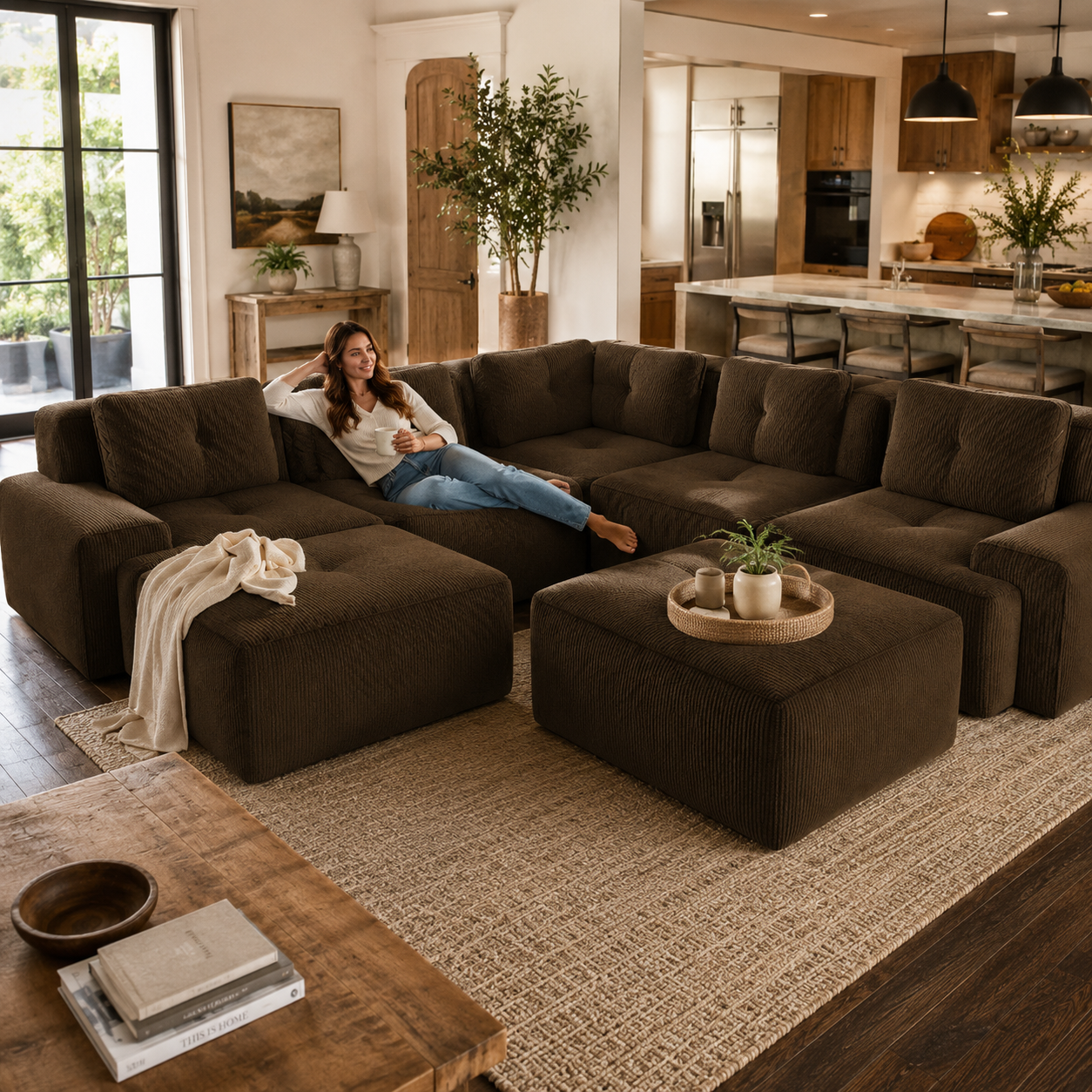 Racine 116" 7-Piece Oversized Corduroy Modular L-Shaped Sectional Corner Sofa with 2 Ottomans