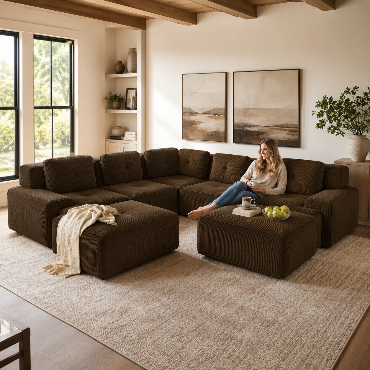 Racine 116" 7-Piece Oversized Corduroy Modular L-Shaped Sectional Corner Sofa with 2 Ottomans