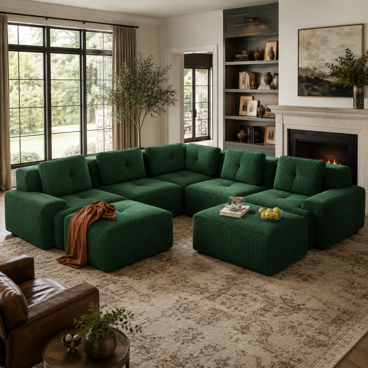 Racine 116" 7-Piece Oversized Corduroy Modular L-Shaped Sectional Corner Sofa with 2 Ottomans