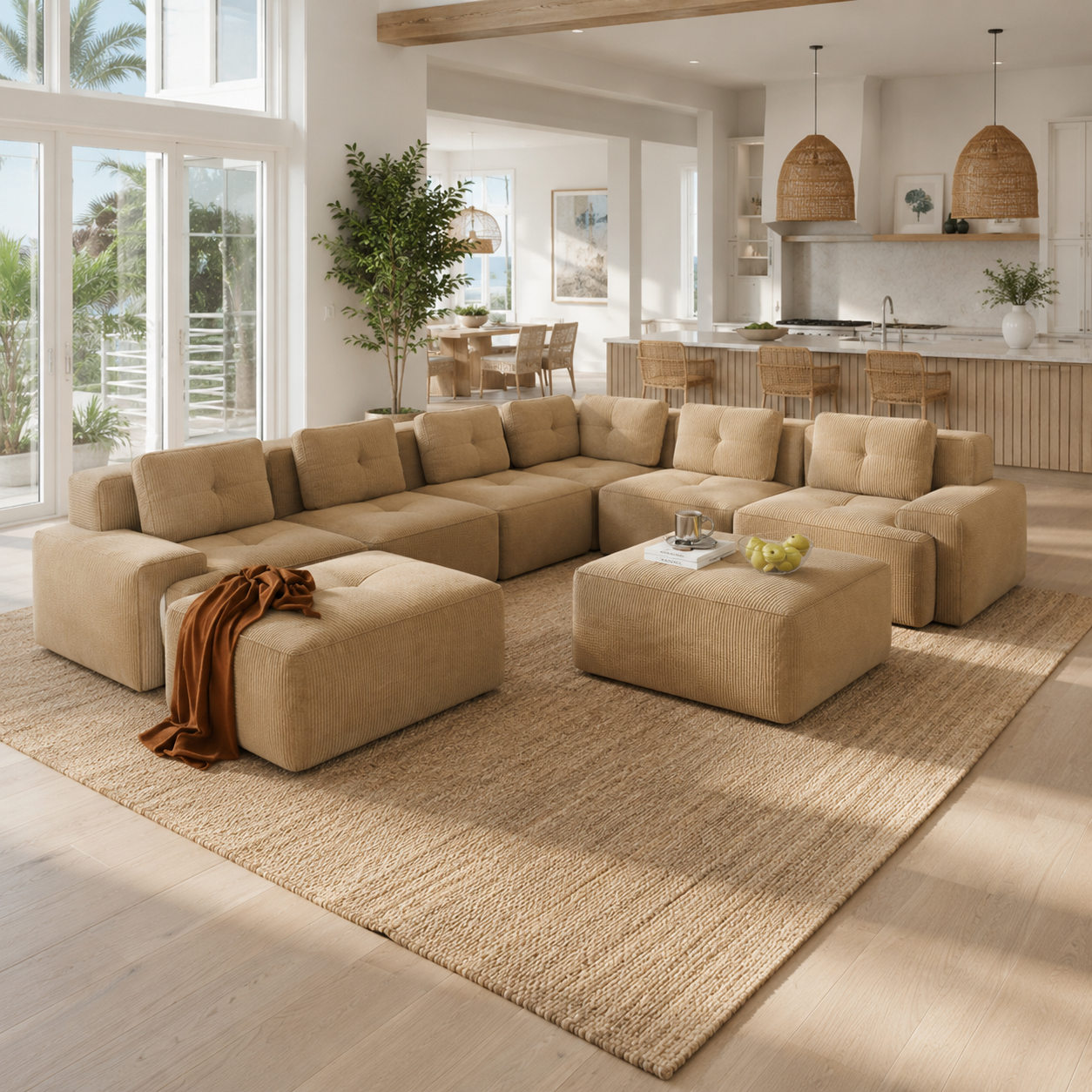Racine 151" 8-Piece Extra-Large Corduroy Modular L-Shaped Sectional Corner Sofa with 2 Ottomans