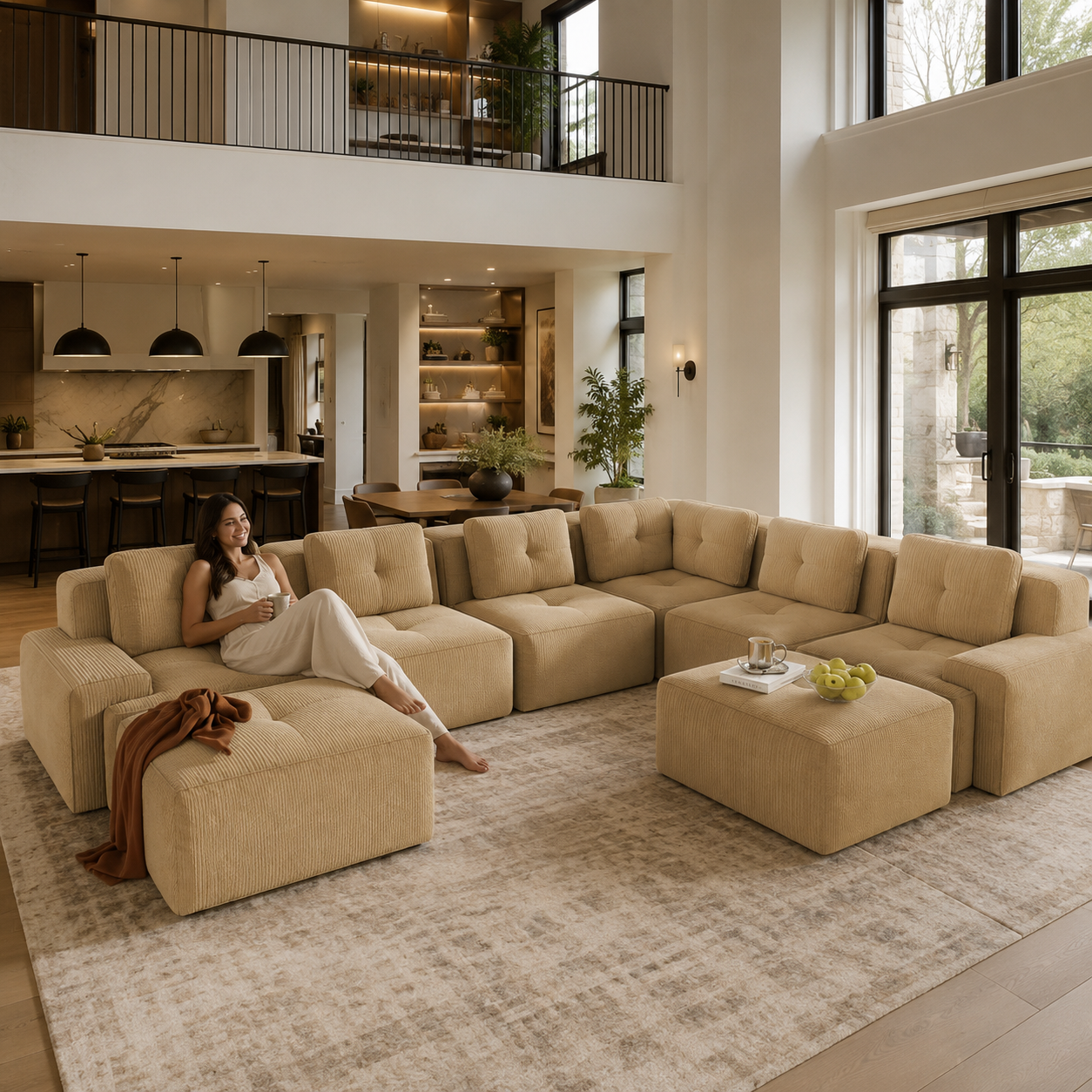 Racine 151" 8-Piece Extra-Large Corduroy Modular L-Shaped Sectional Corner Sofa with 2 Ottomans