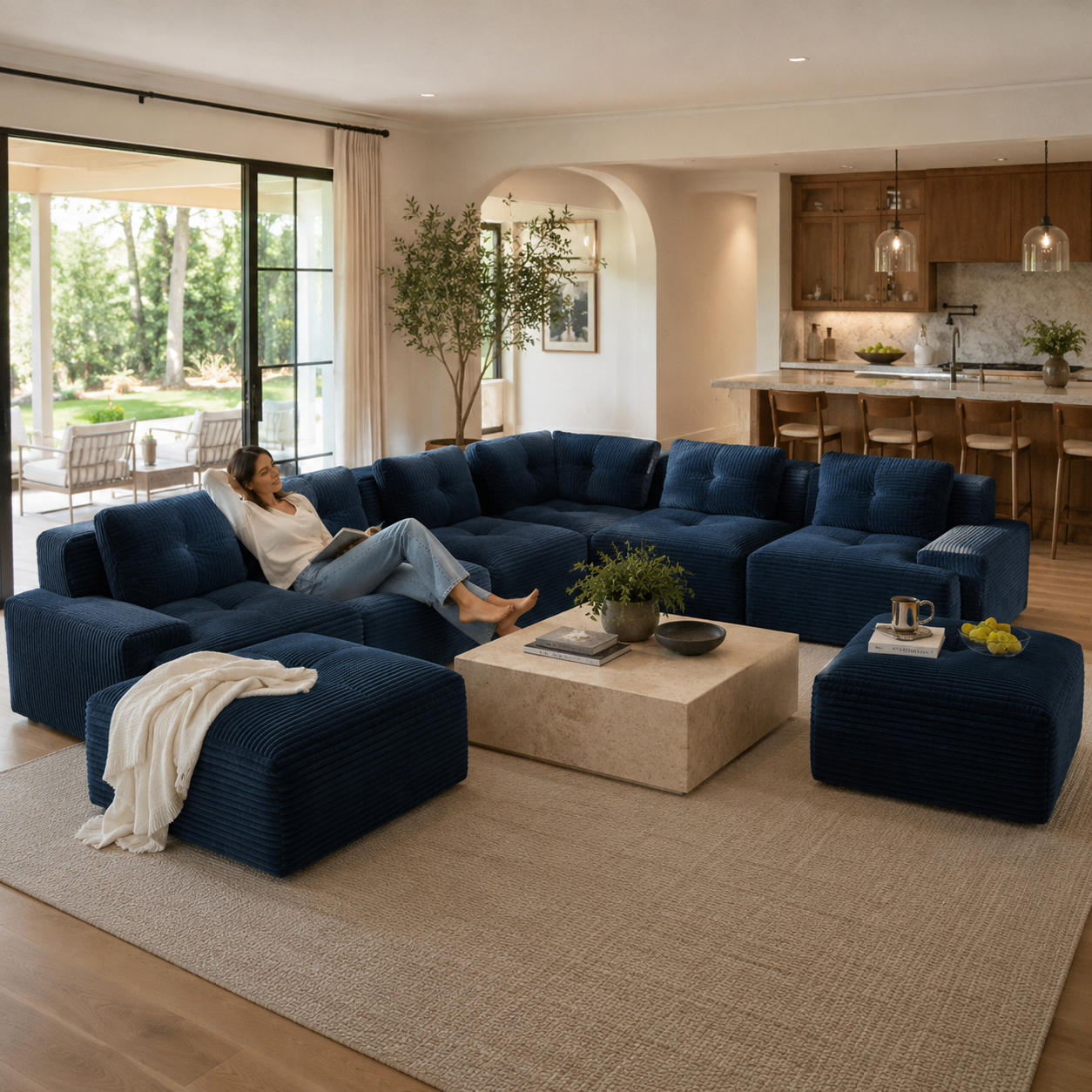 Racine 151" 8-Piece Extra-Large Corduroy Modular L-Shaped Sectional Corner Sofa with 2 Ottomans