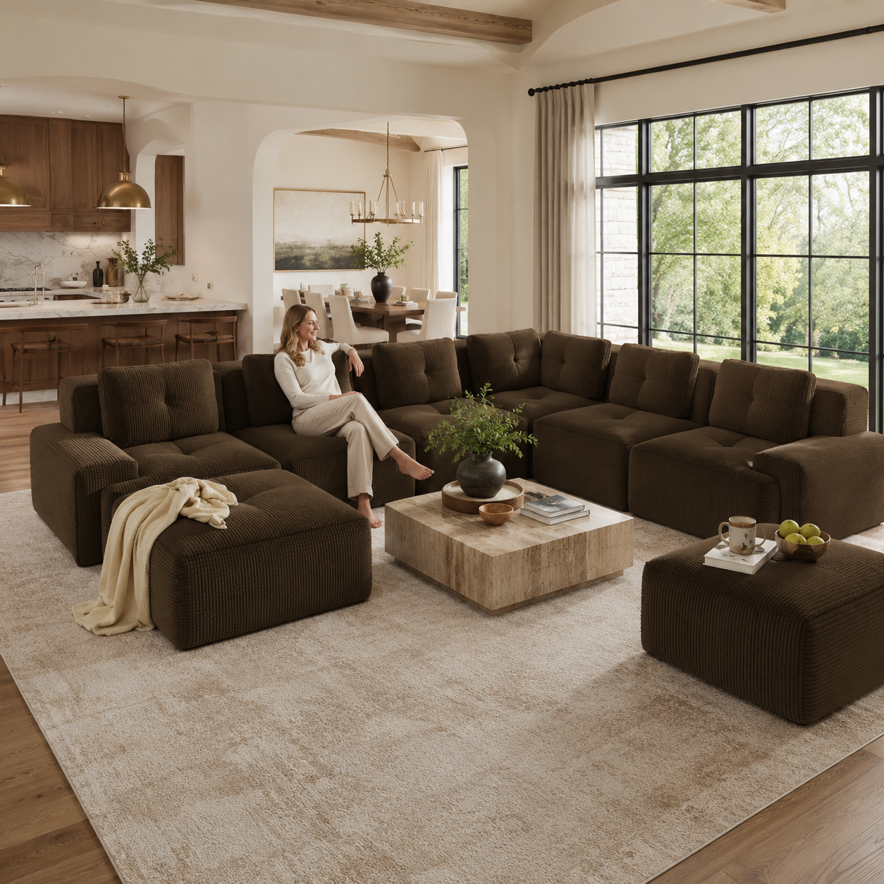 Racine 151" 8-Piece Extra-Large Corduroy Modular L-Shaped Sectional Corner Sofa with 2 Ottomans