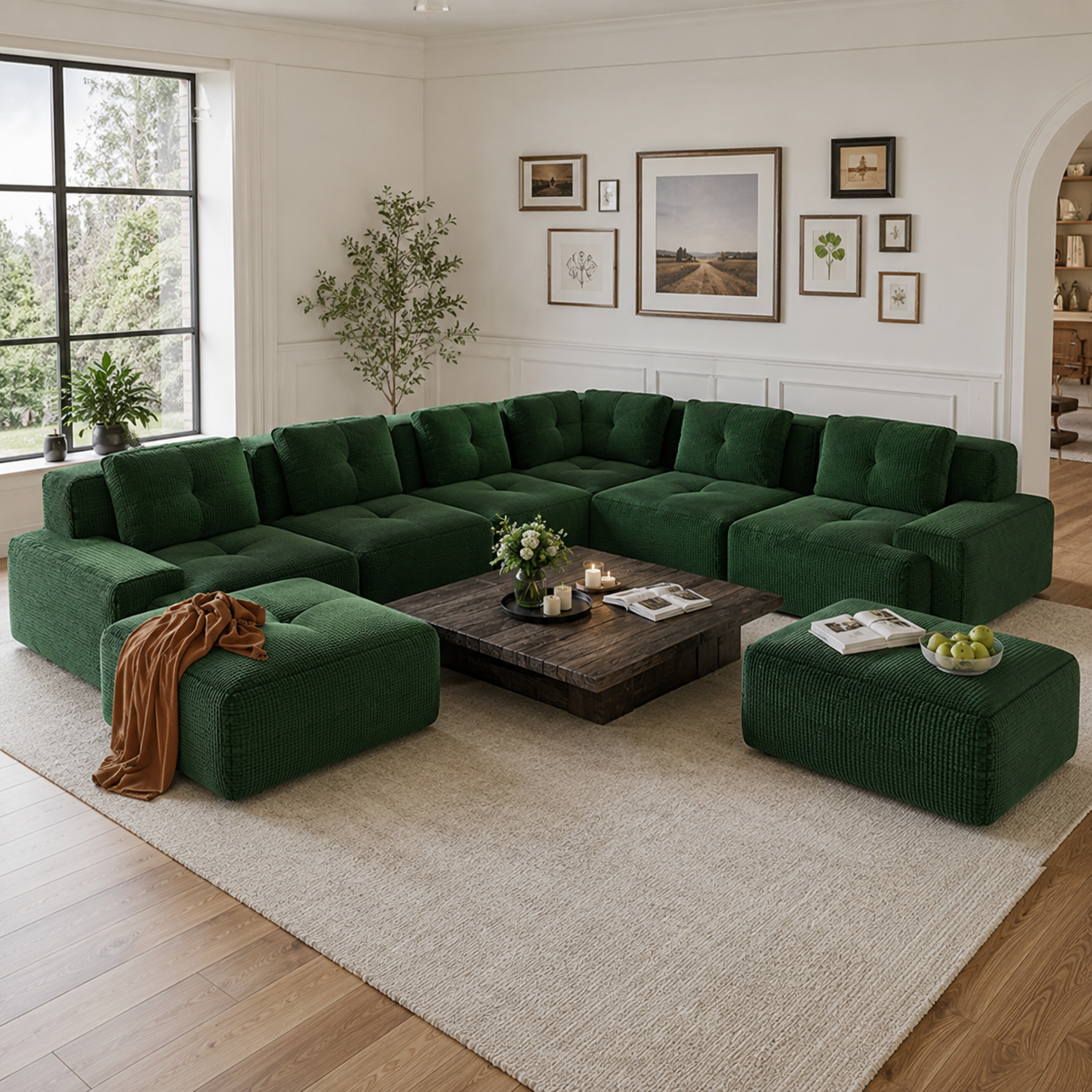 Racine 151" 8-Piece Extra-Large Corduroy Modular L-Shaped Sectional Corner Sofa with 2 Ottomans