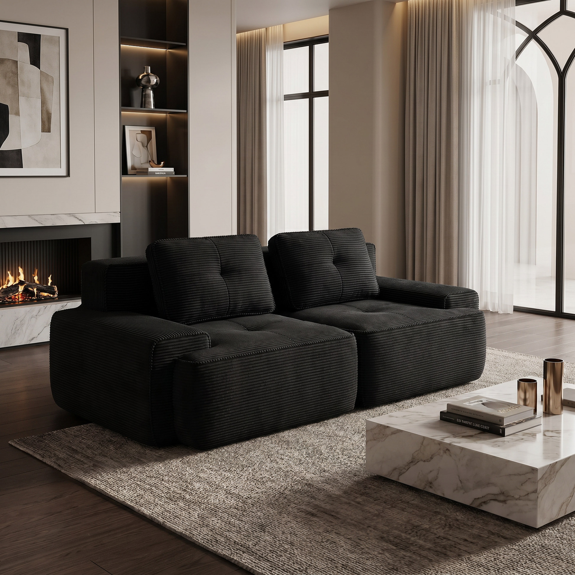 Racine black modular corduroy loveseat sofa displayed in contemporary luxury living room