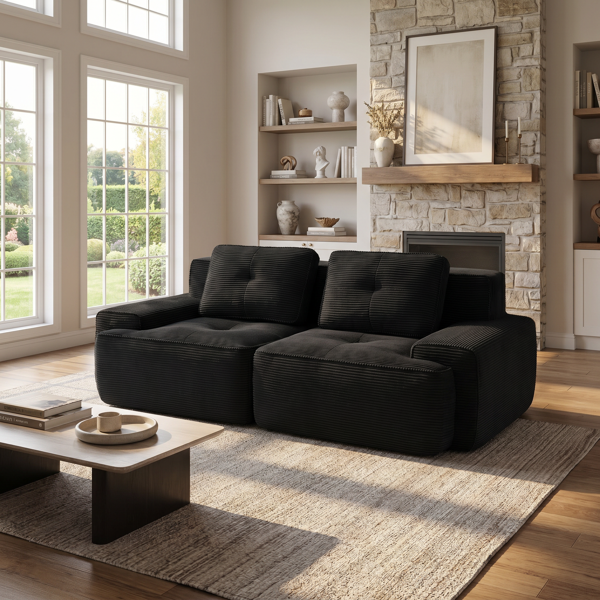 Racine black modular corduroy loveseat sofa styled in sunlit living room beside stone fireplace