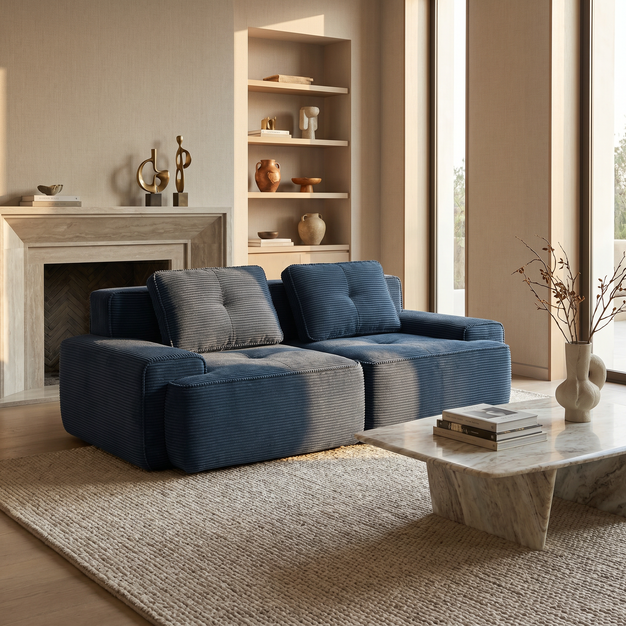 Racine blue modular corduroy loveseat sofa styled in warm modern living room beside fireplace