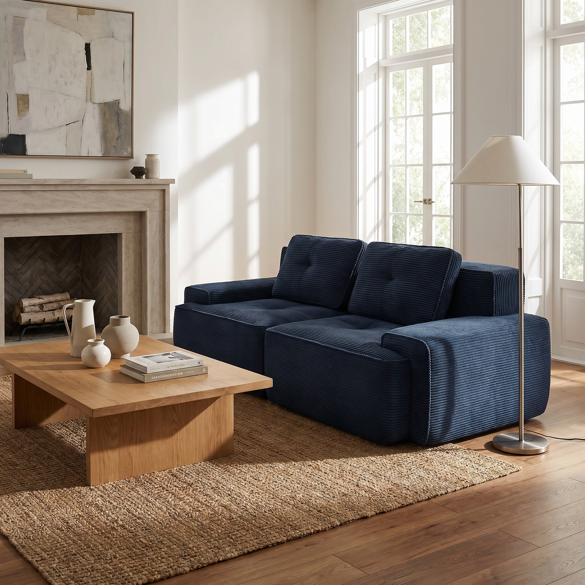 Racine blue modular corduroy loveseat sofa placed in bright minimalist living room with floor lamp
