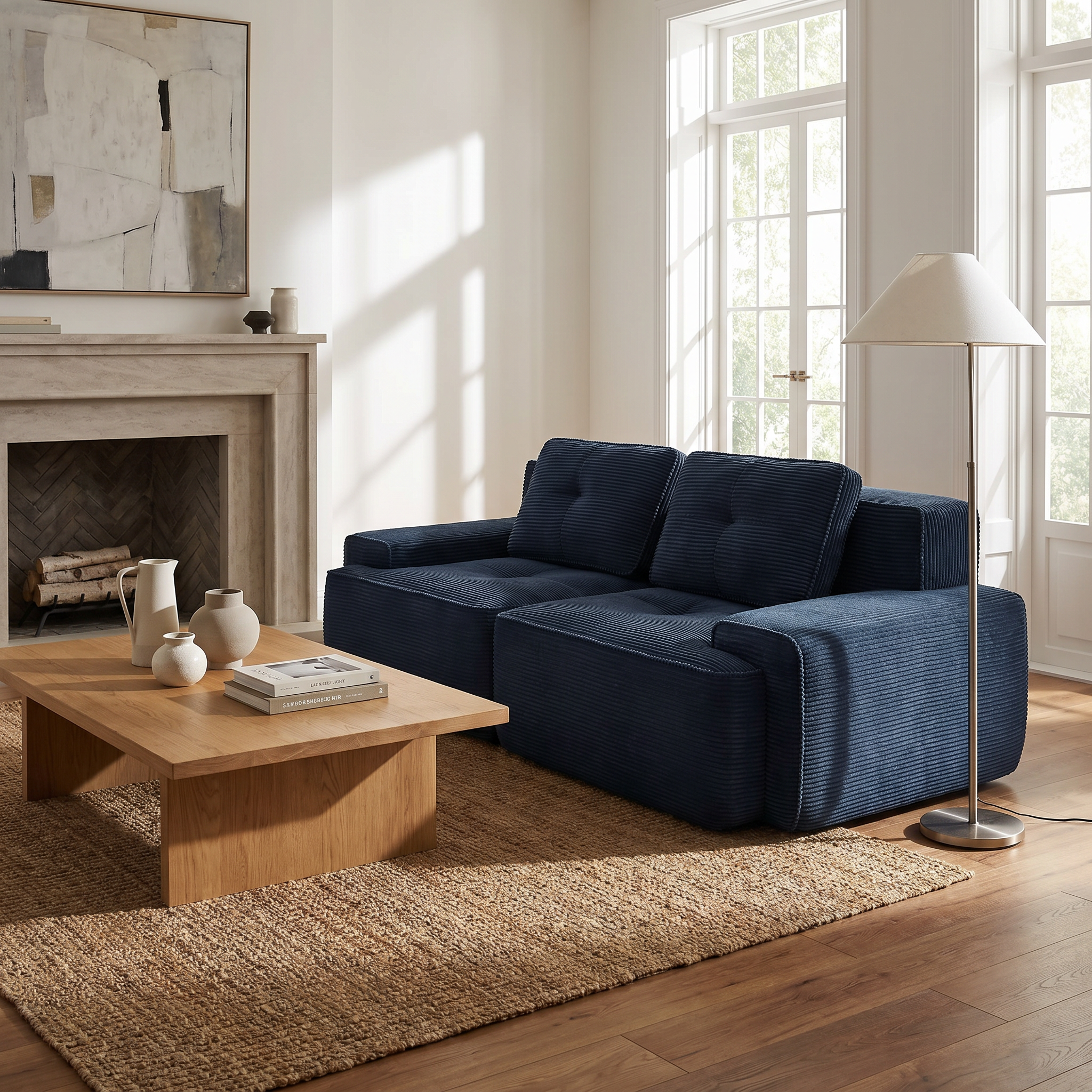 Racine blue modular corduroy loveseat sofa placed in bright minimalist living room with floor lamp