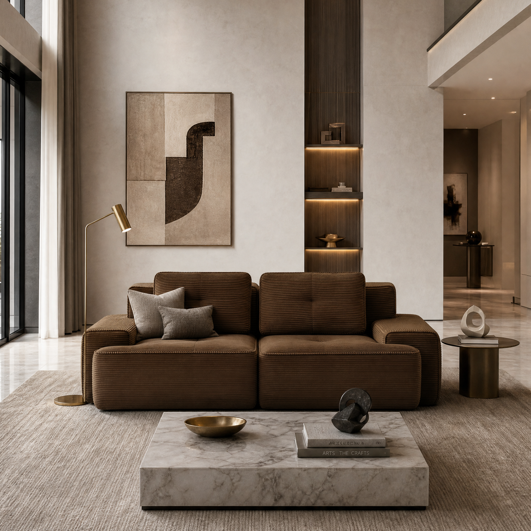 Racine brown modular corduroy loveseat sofa with deep seat and pillows placed in luxury contemporary living room