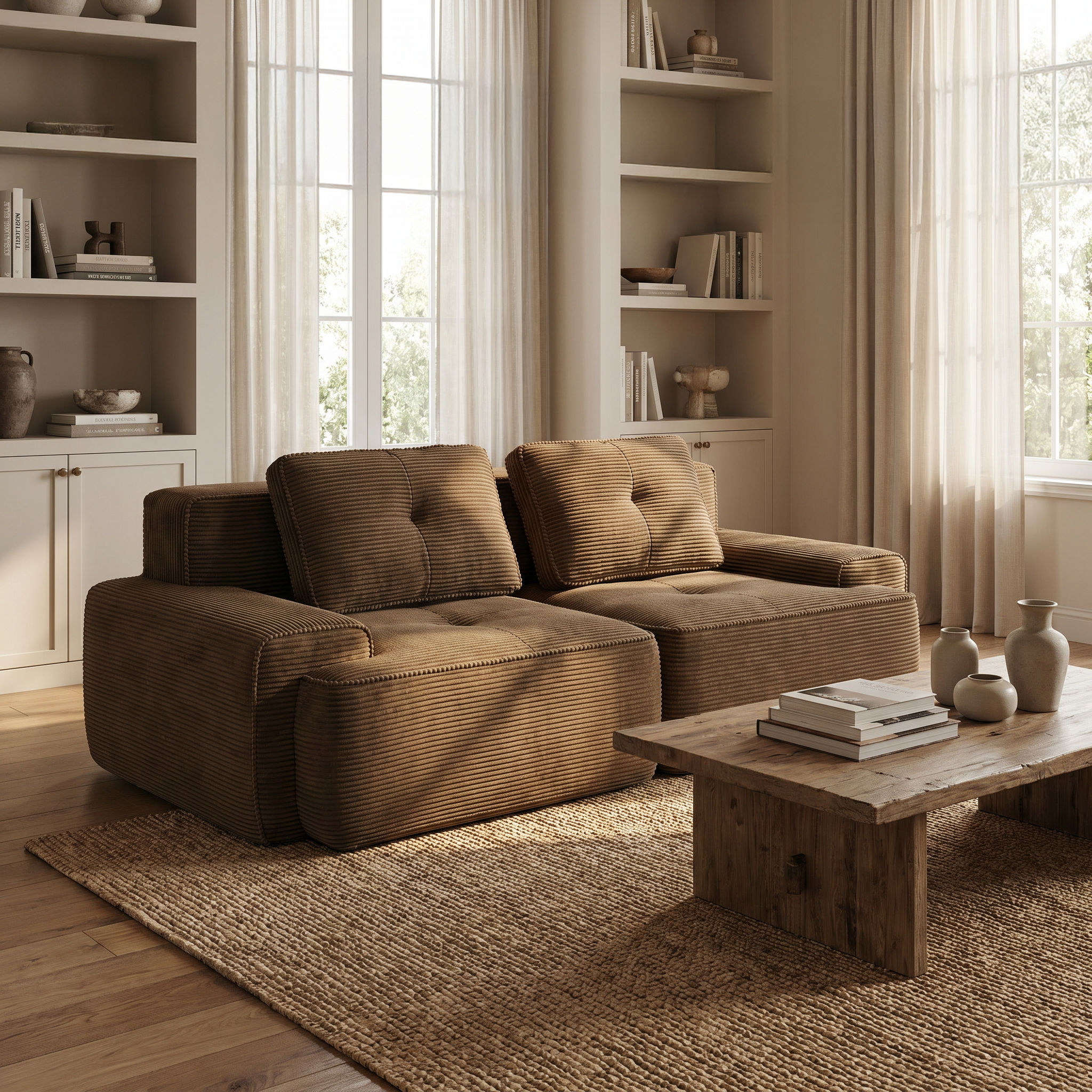 Racine brown modular corduroy loveseat sofa with deep seat and pillows styled in warm sunlit living room