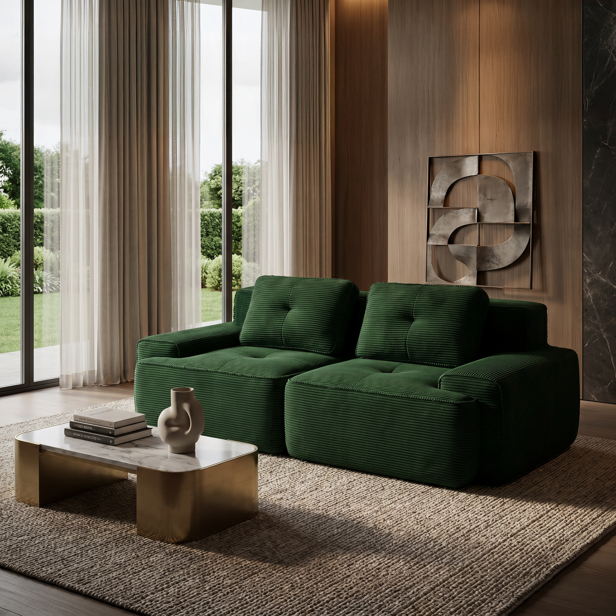 Racine green modular corduroy loveseat sofa with deep seat and pillows in modern living room with wood accent wall
