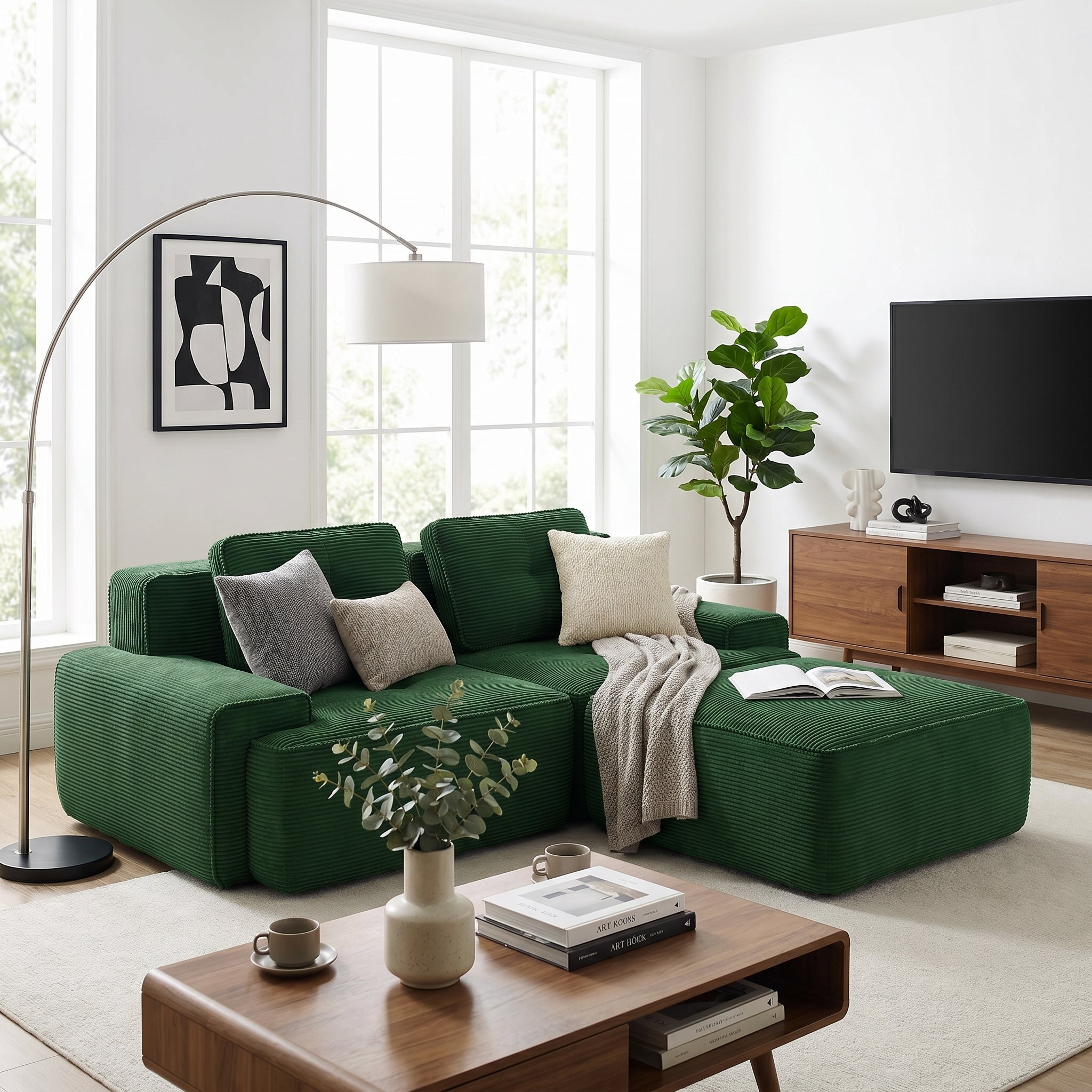 Racine green modular corduroy fabric loveseat sofa with movable ottoman styled in modern living room