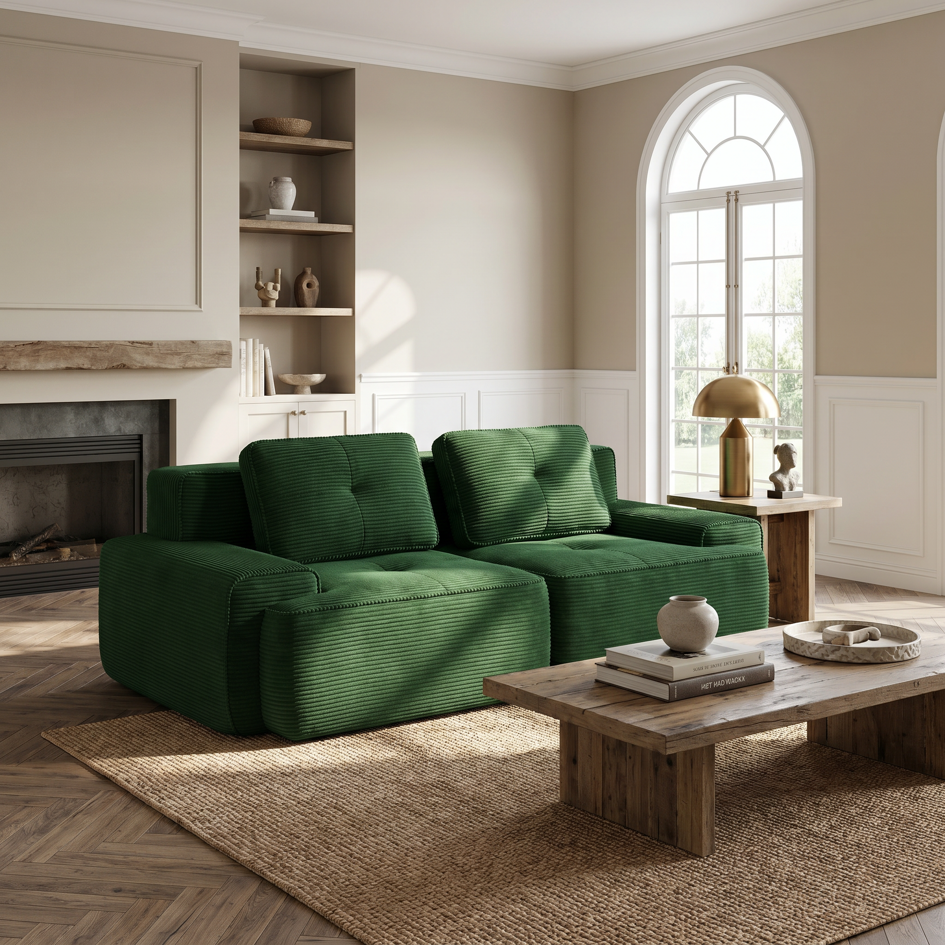Racine green modular corduroy loveseat sofa with deep seat and pillows styled in cozy neutral living room