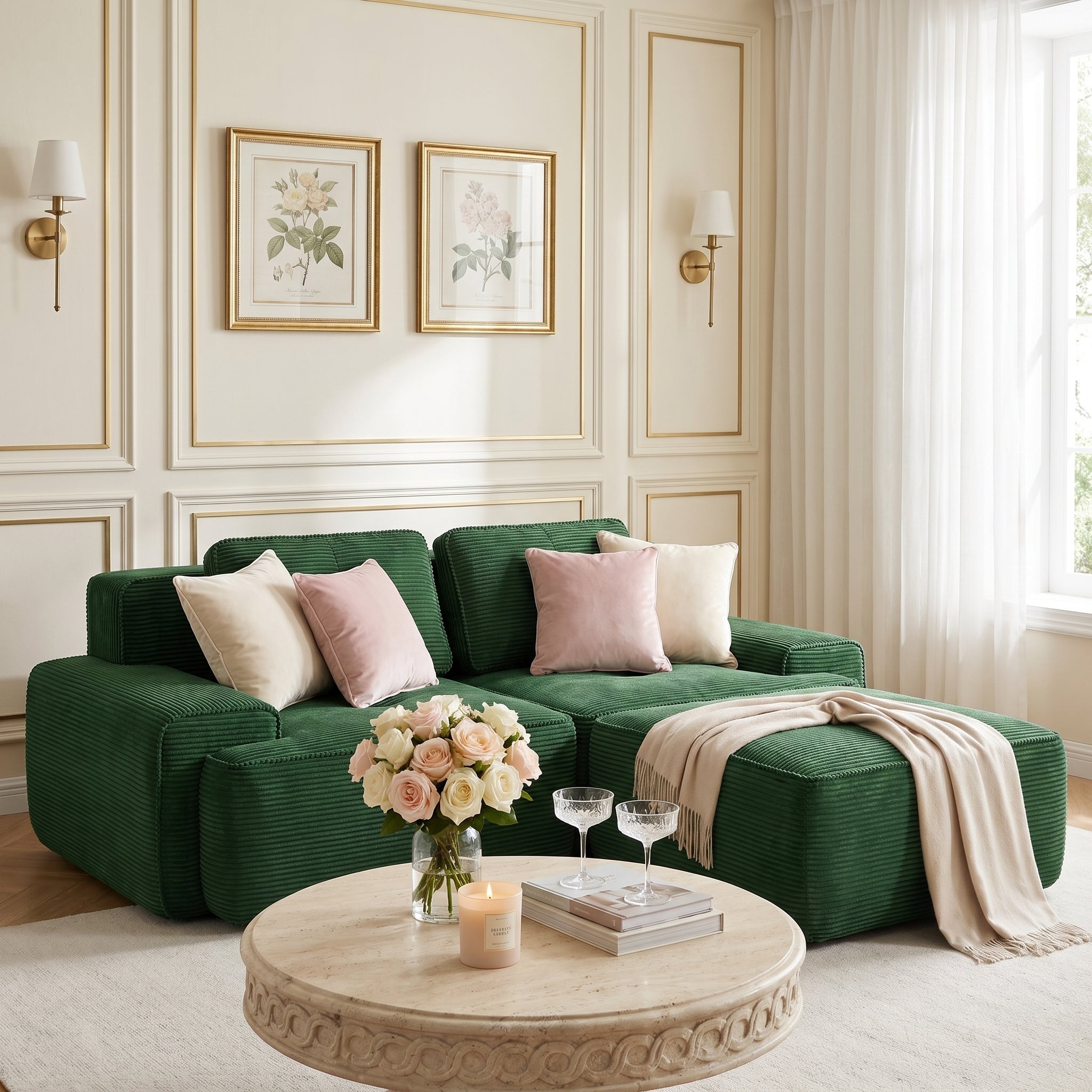 Racine green modular corduroy fabric loveseat sofa  in elegant living room setting