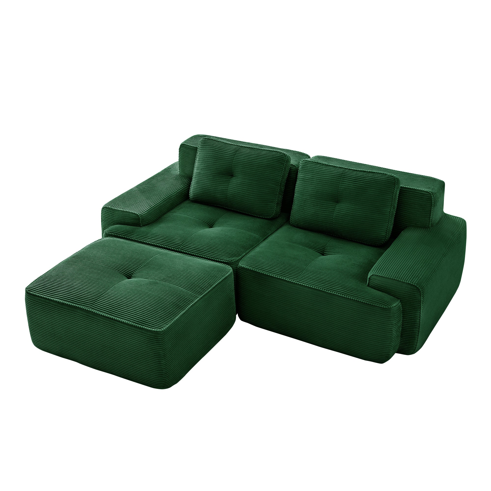 Racine green modular corduroy fabric loveseat sofa showing angled view isolated on white background