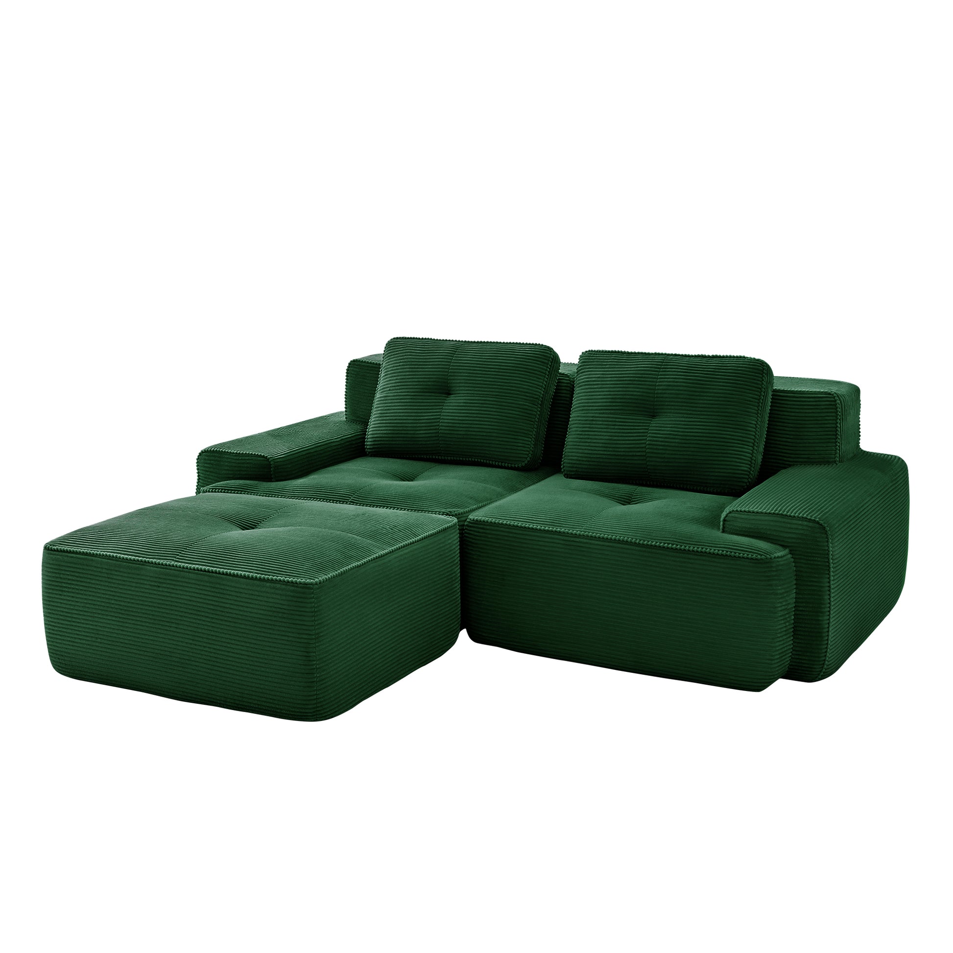 Racine green modular corduroy fabric loveseat sofa showing front angled view isolated on white background