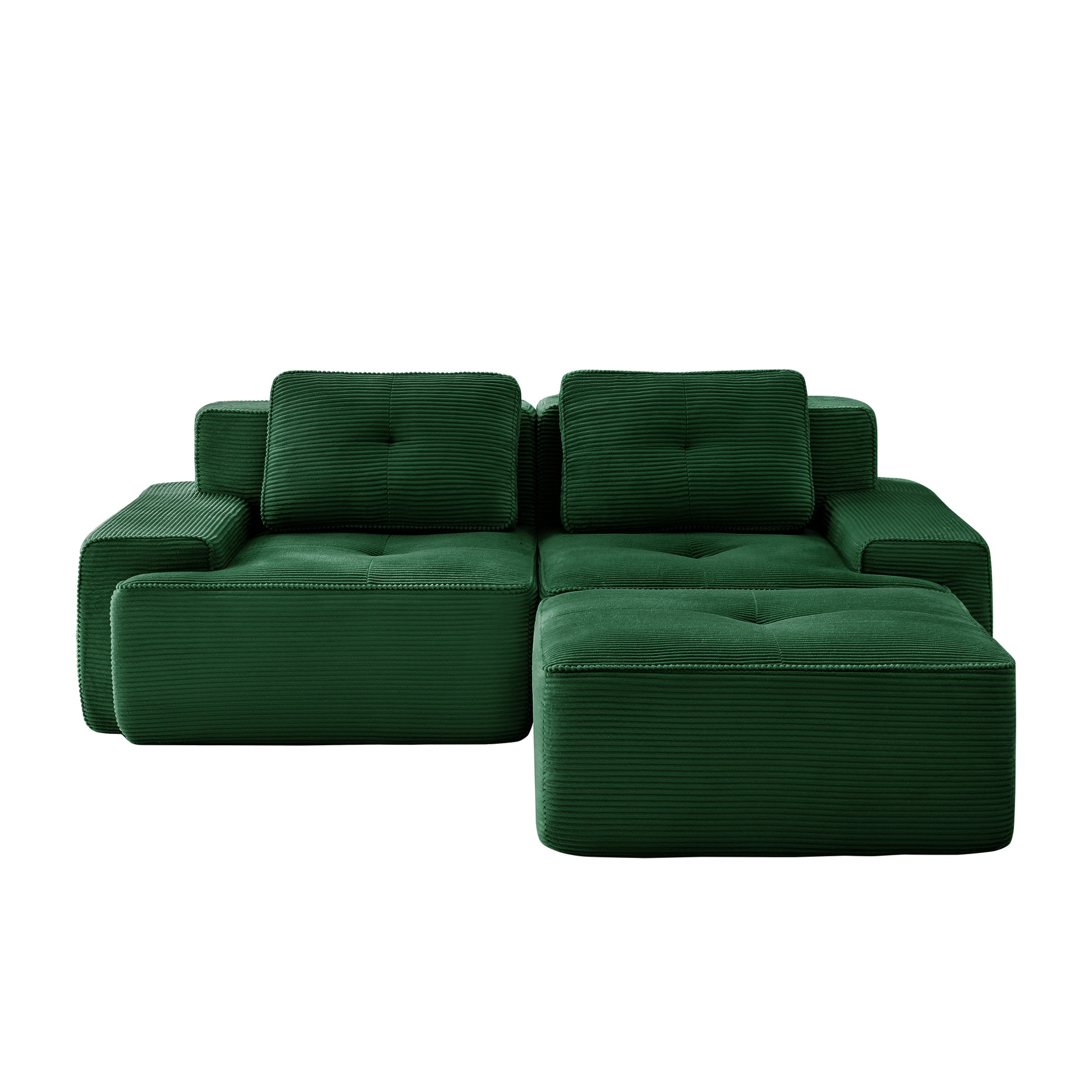 Racine green modular corduroy fabric loveseat sofa showing front view isolated on white background