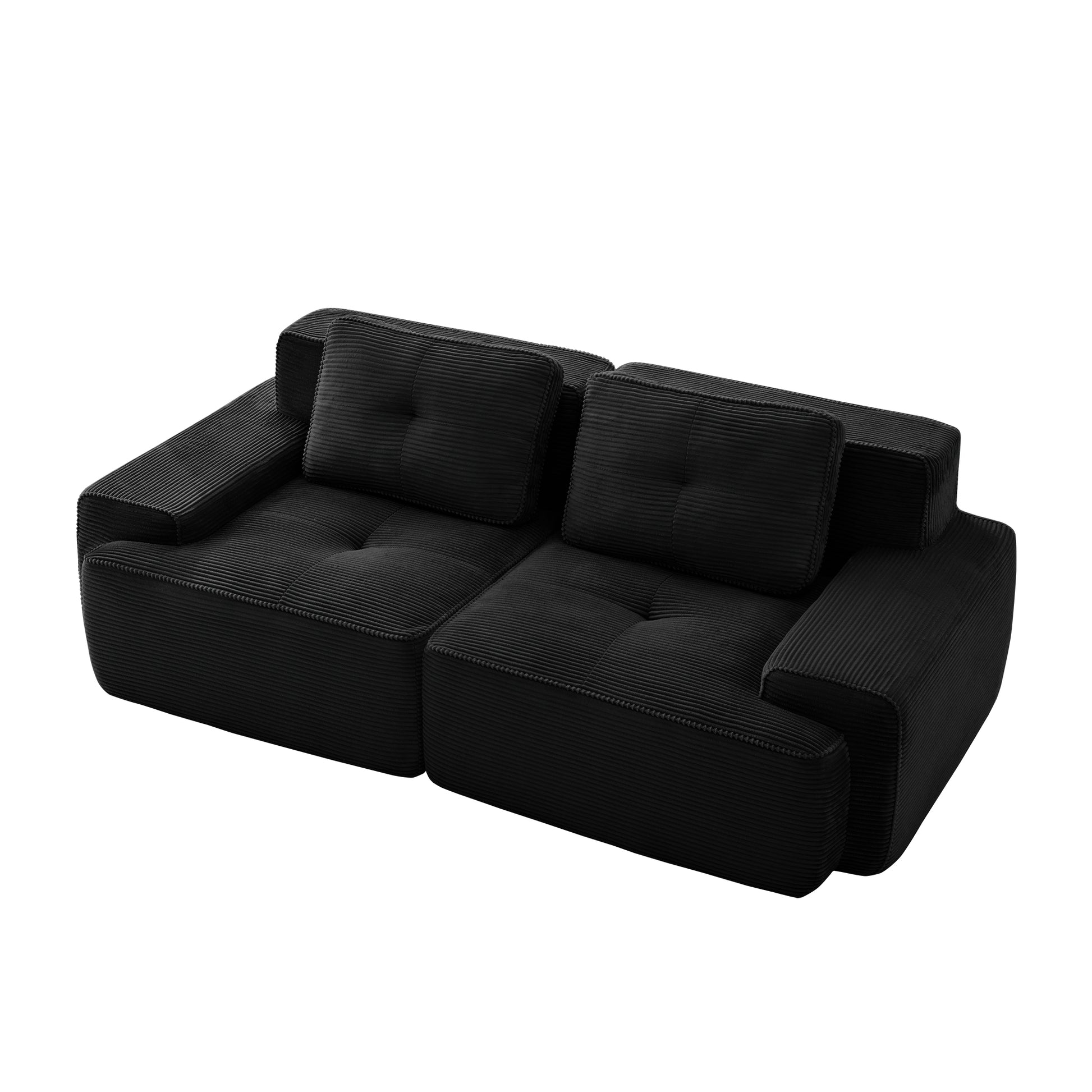 Racine black loveseat sofa showing angled isolated modular corduroy loveseat image on white background