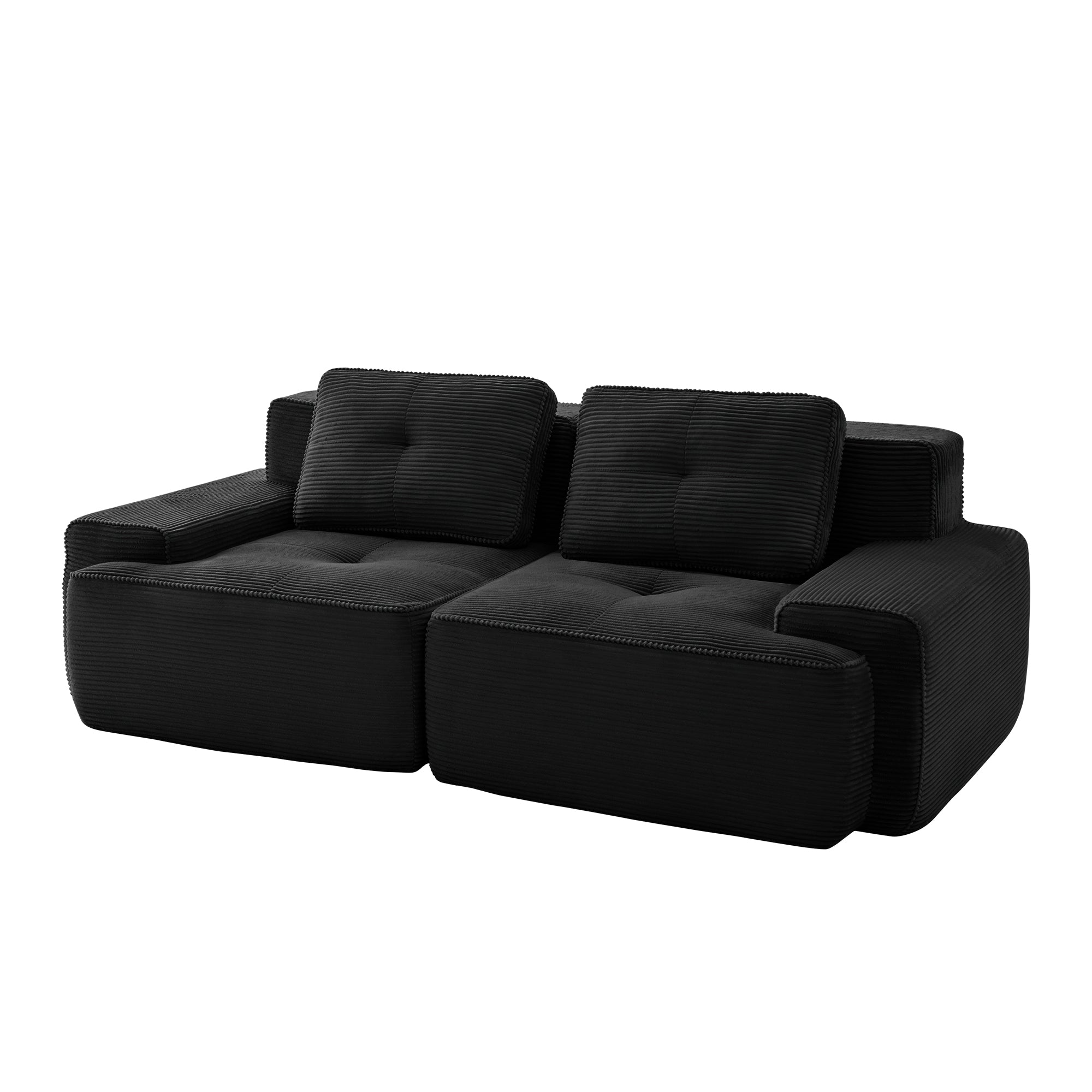 Racine black loveseat sofa showing angled front isolated deep seat modular loveseat image on white background