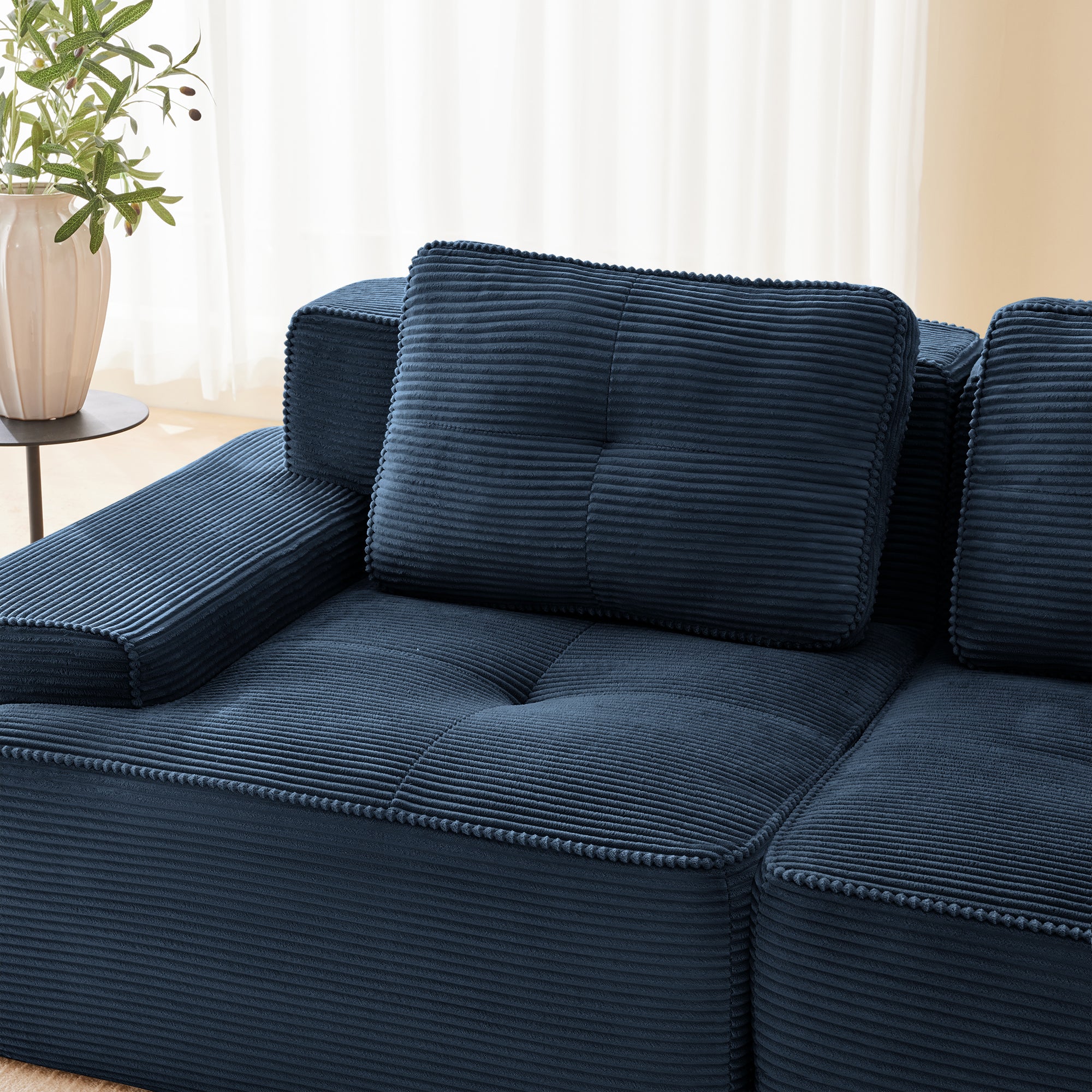 Racine blue loveseat sofa showing deep seat and corduroy upholstery detail