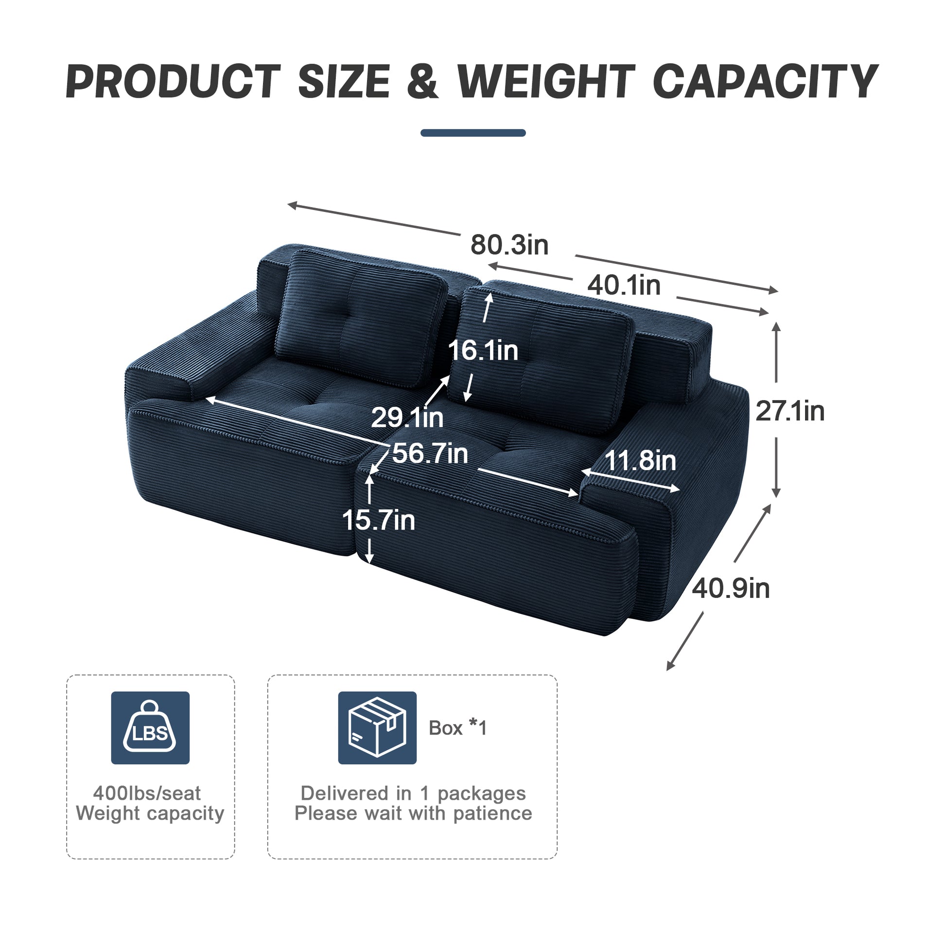 Racine blue loveseat sofa showing product size and weight capacity dimensions chart
