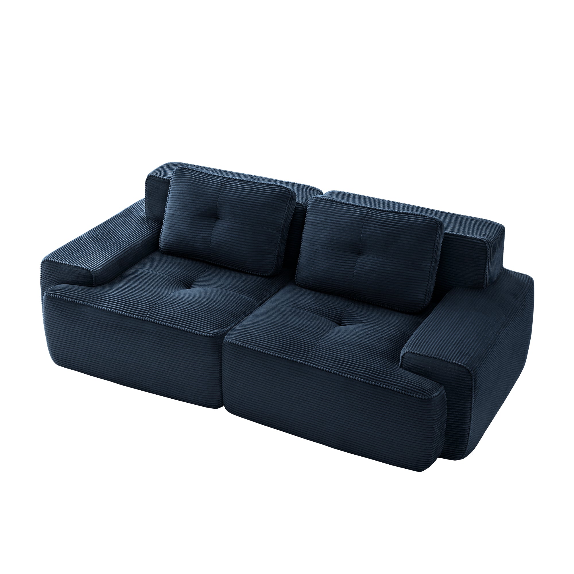 Racine blue loveseat sofa showing angled isolated modular corduroy sofa image on white background