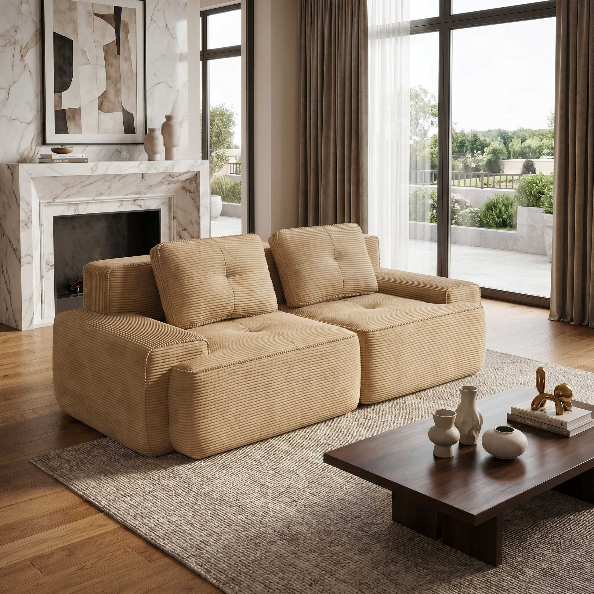 Racine light camel loveseat sofa showing modern living room lifestyle setup near fireplace