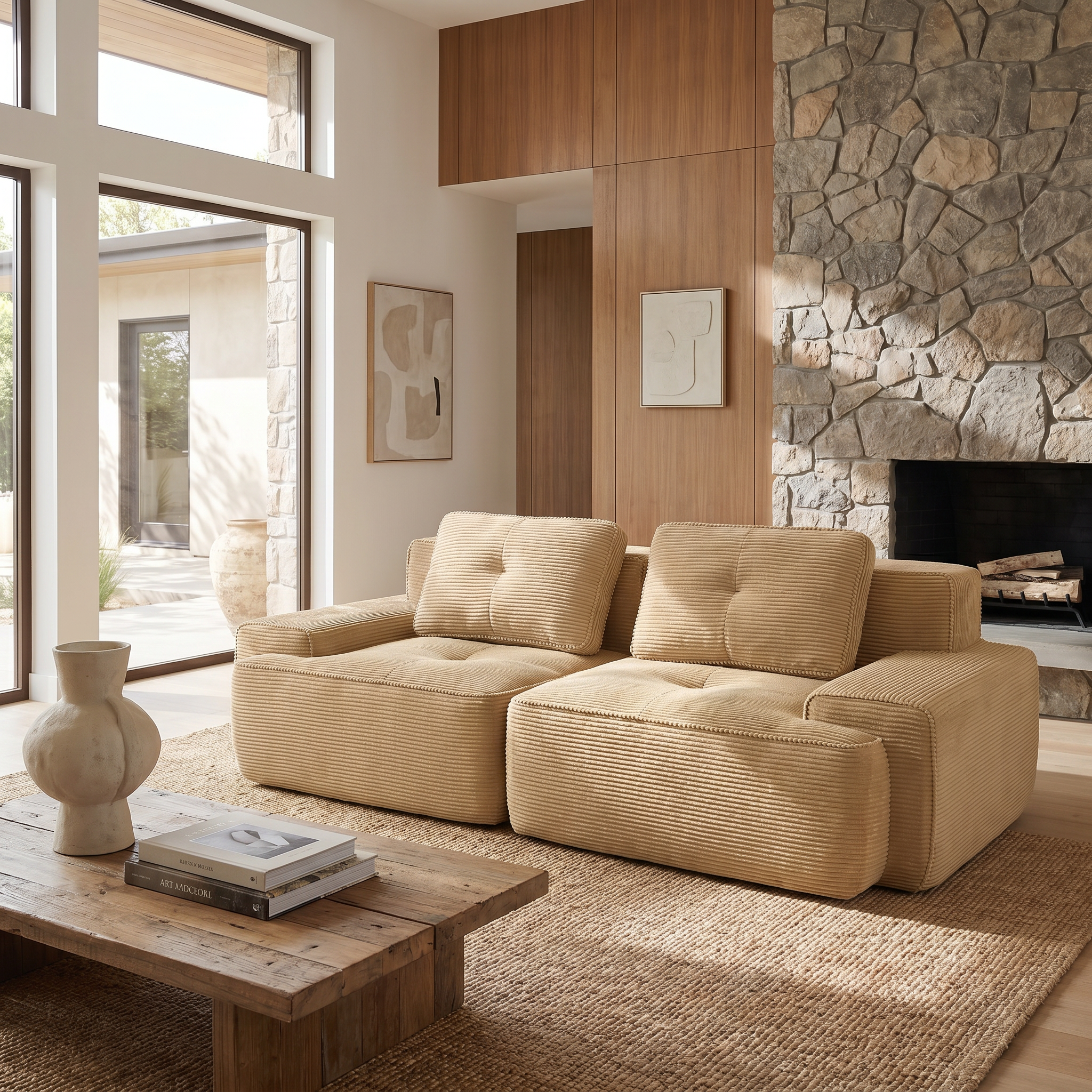 Racine light camel loveseat sofa showing warm modern living room scene with stone fireplace