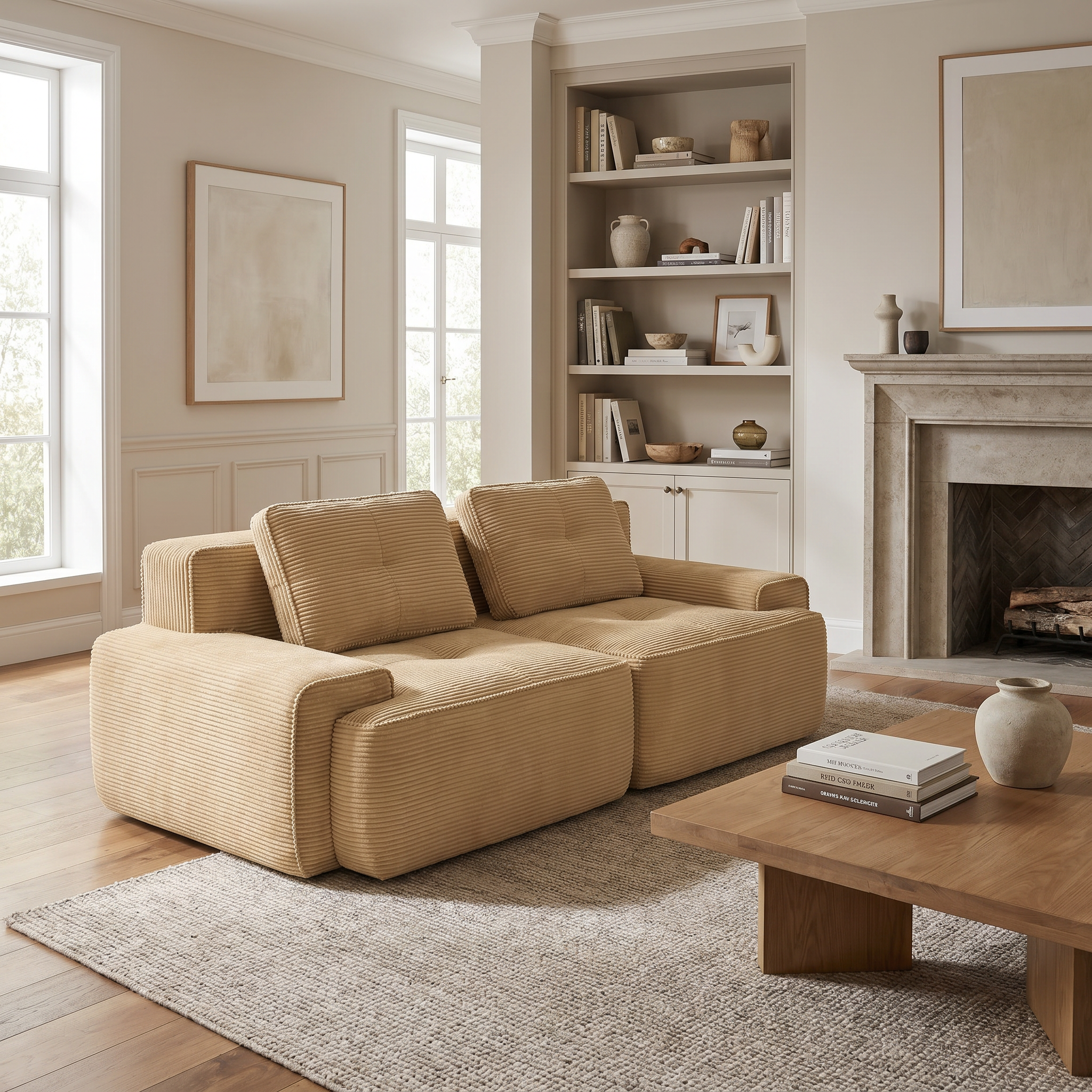 Racine light camel loveseat sofa showing cozy living room setup with fireplace and bookshelf