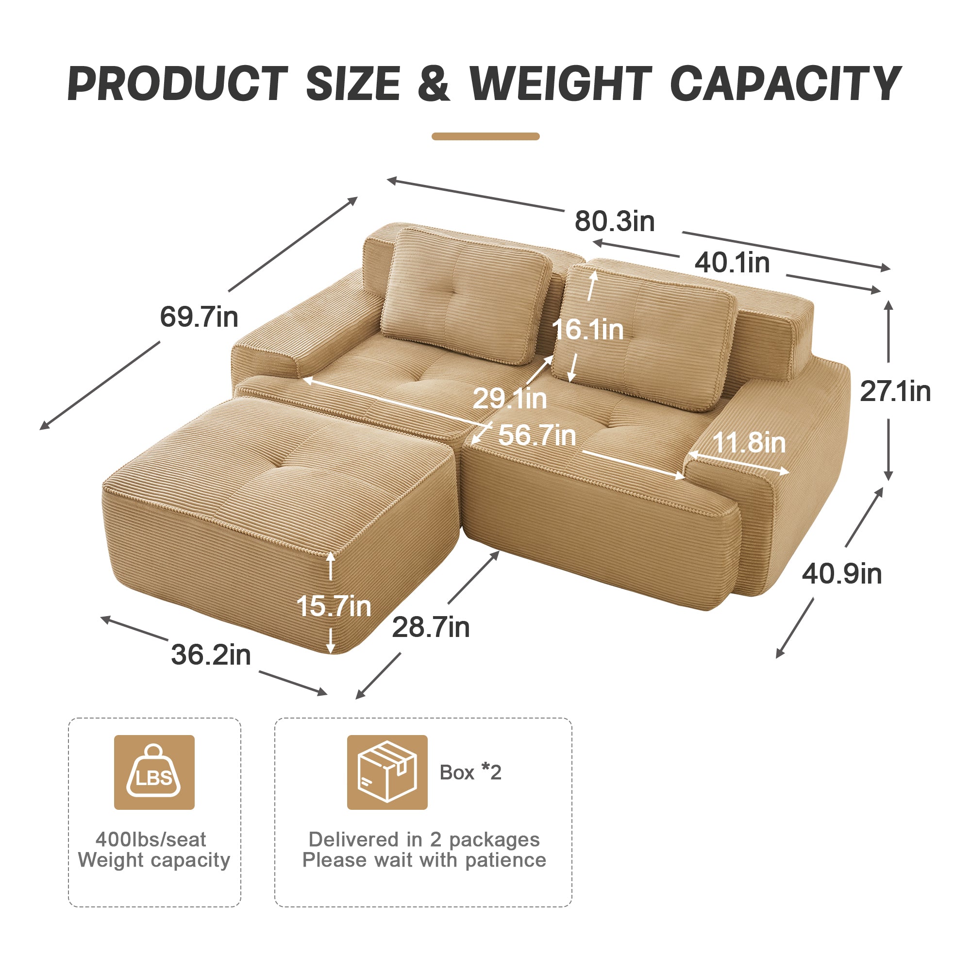 Racine beige modular sofa showing product size and weight capacity dimensions