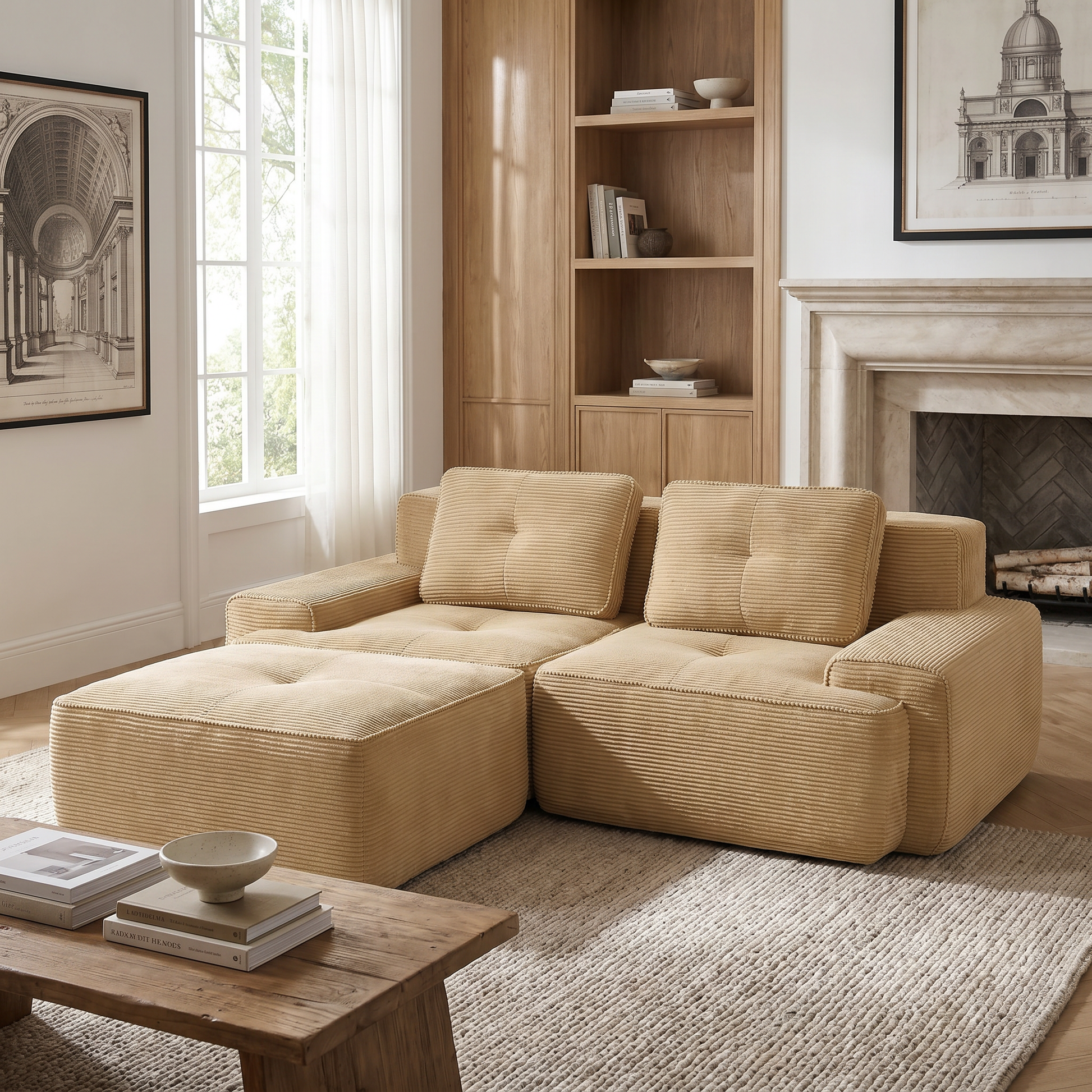 Racine beige modular sofa showing cozy living room setup with movable ottoman