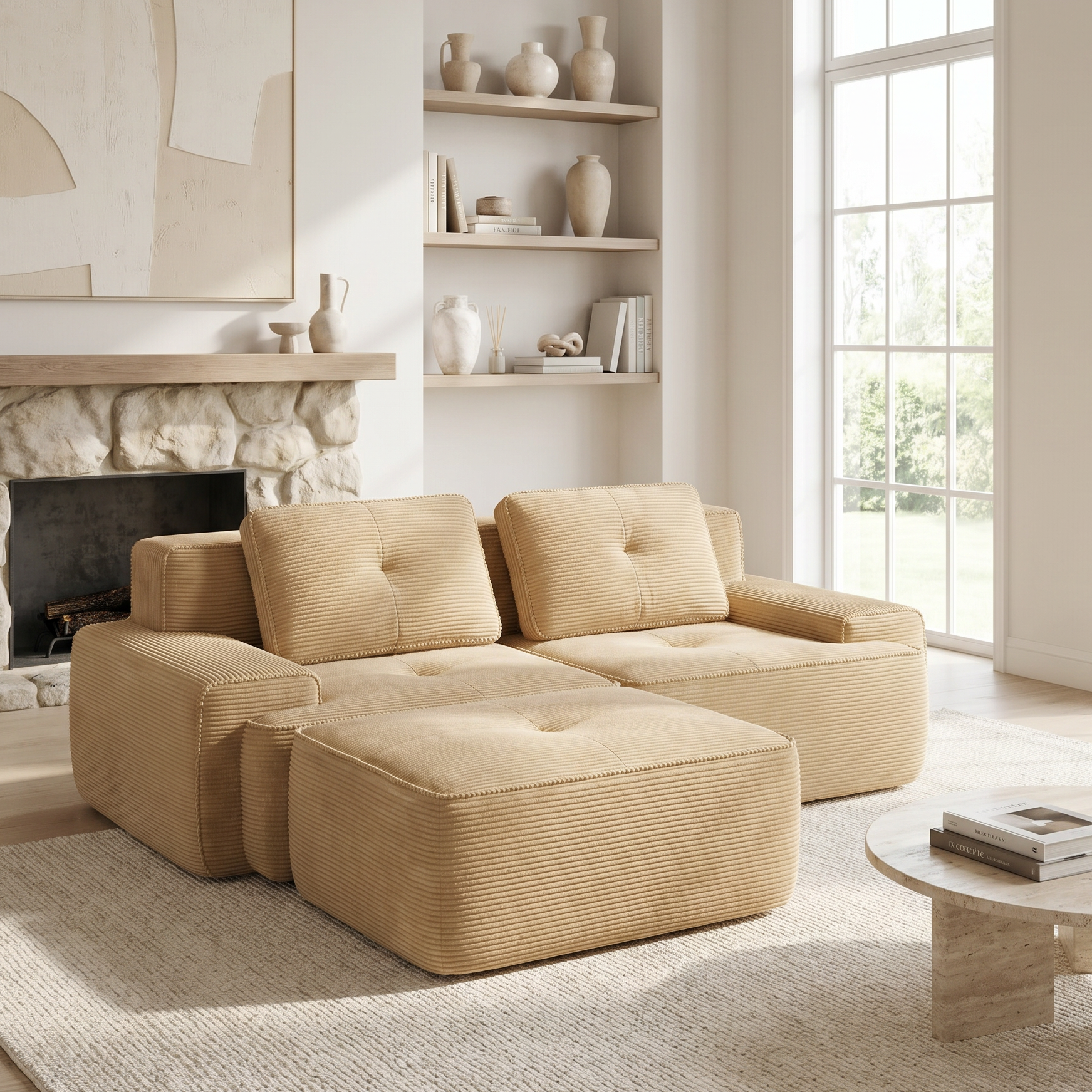 Racine beige modular sofa showing bright living room scene with deep seating