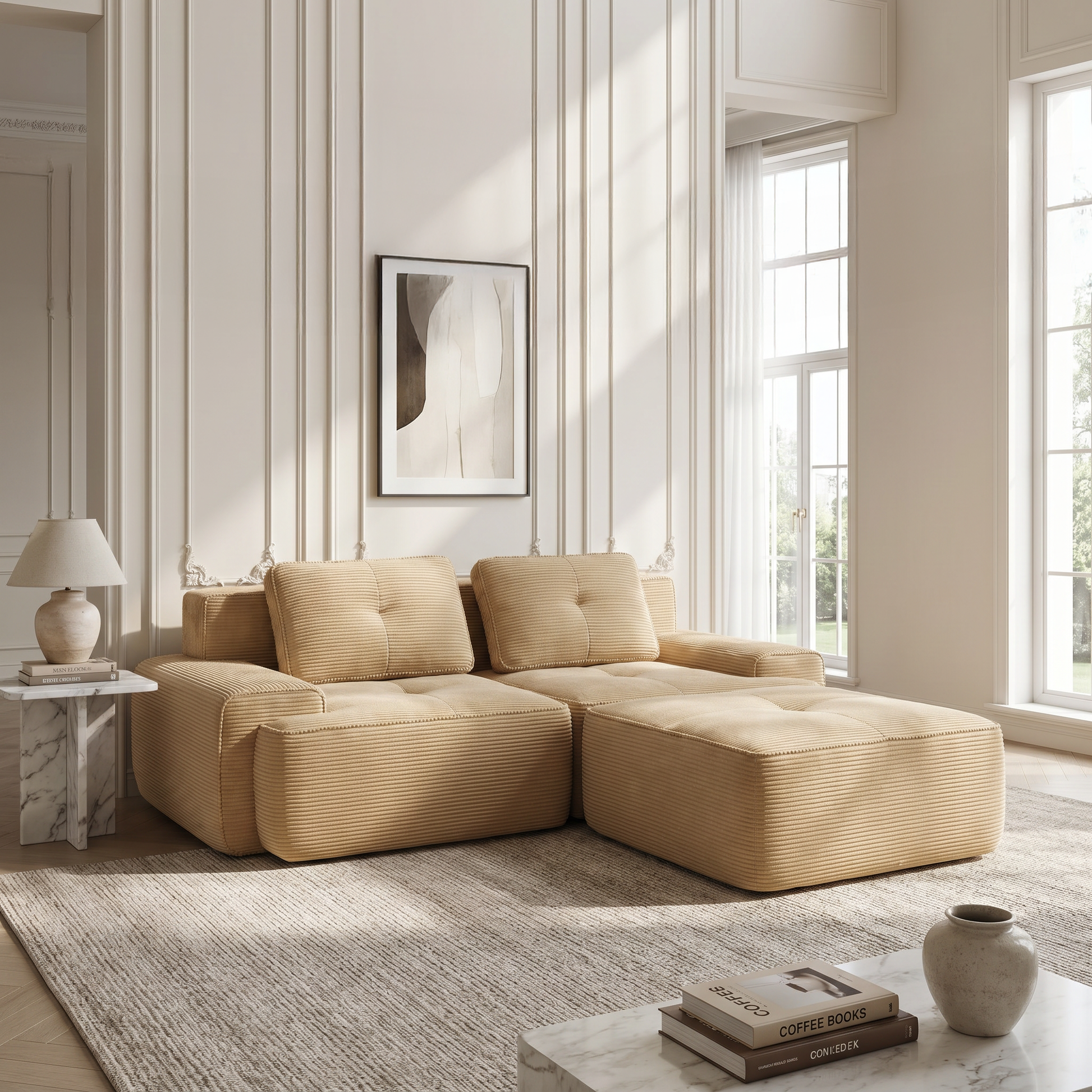 Racine beige modular sofa showing modern neutral room with movable ottoman