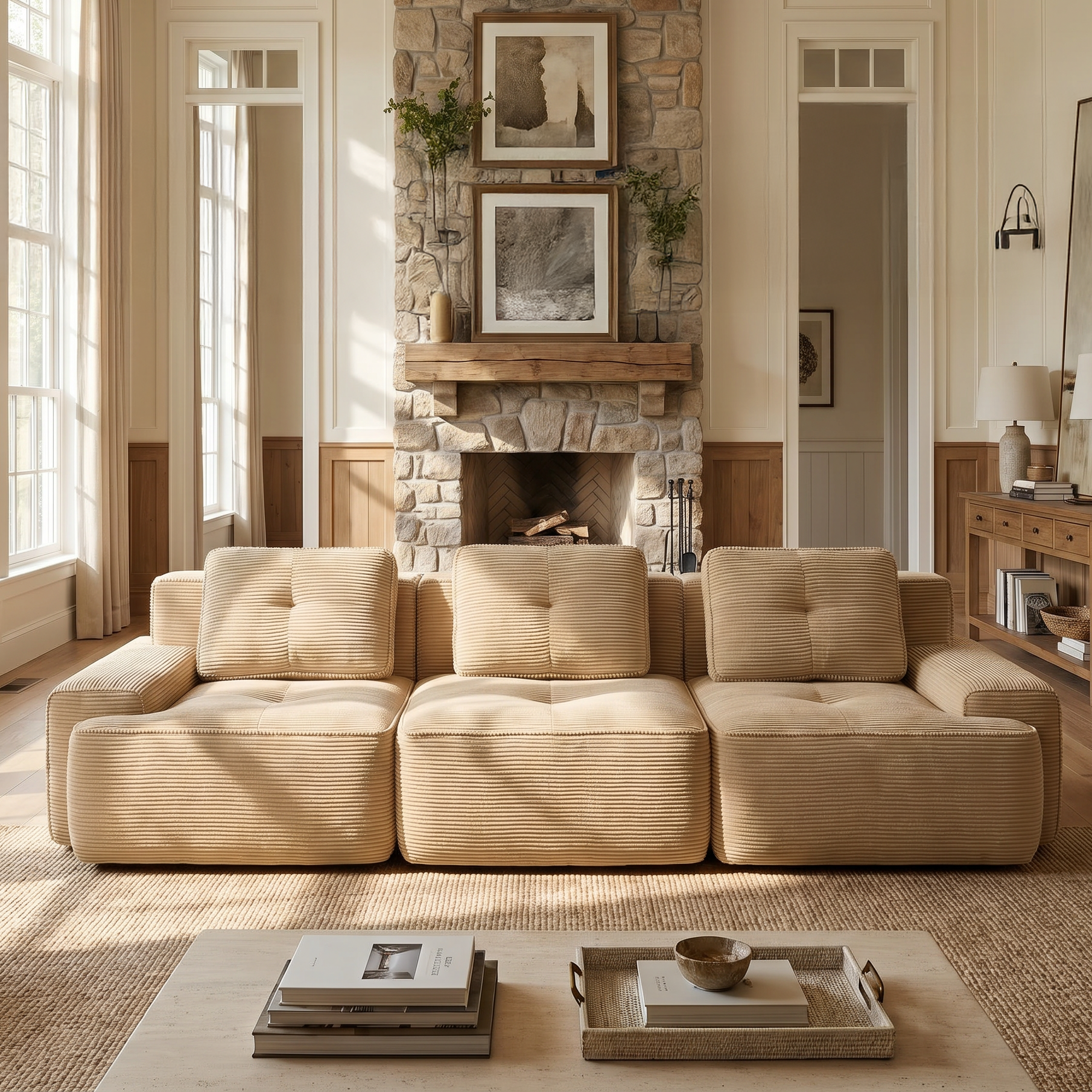 Racine beige modular sofa showing front living room setup with three seats
