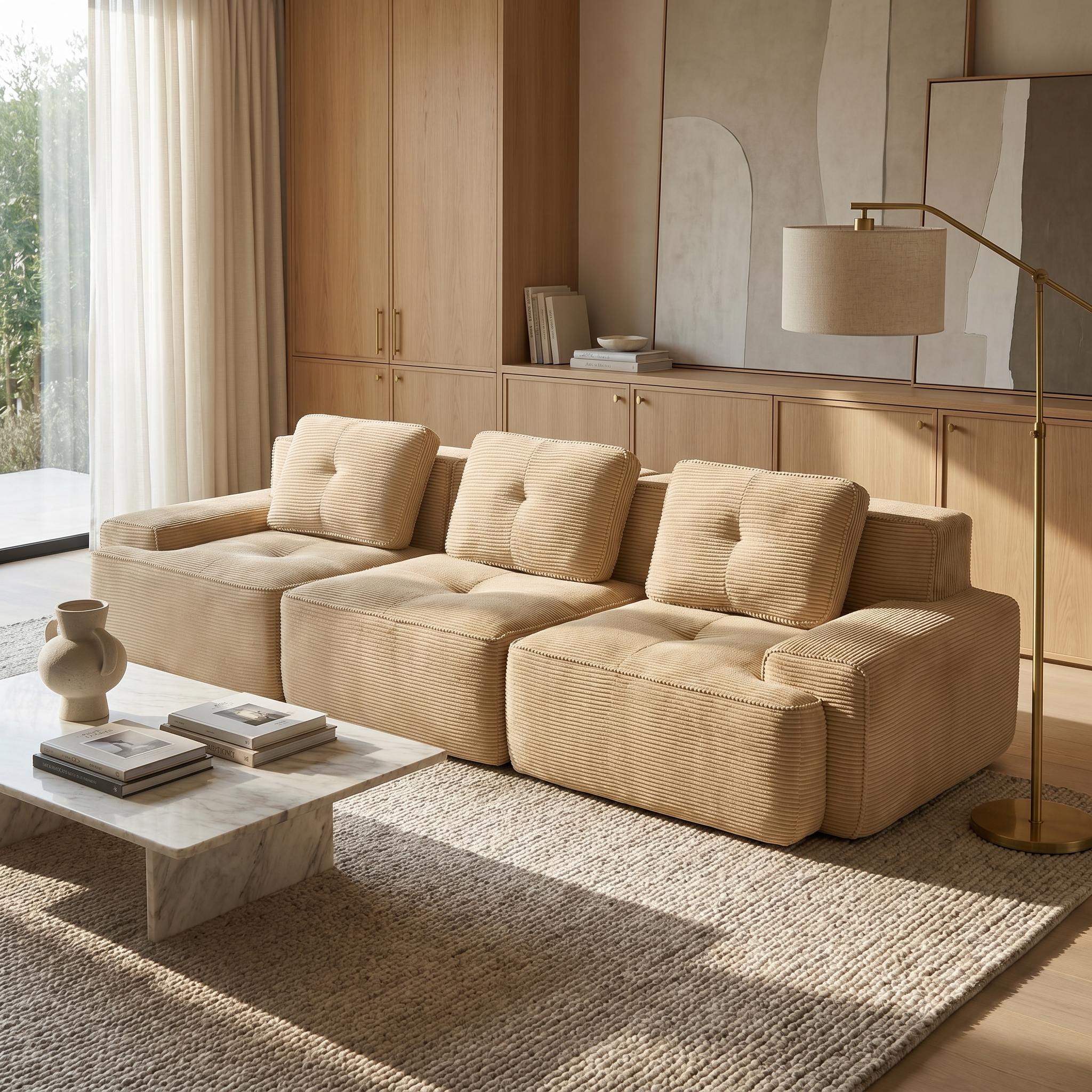 Racine beige modular sofa showing angled living room view with corduroy upholstery