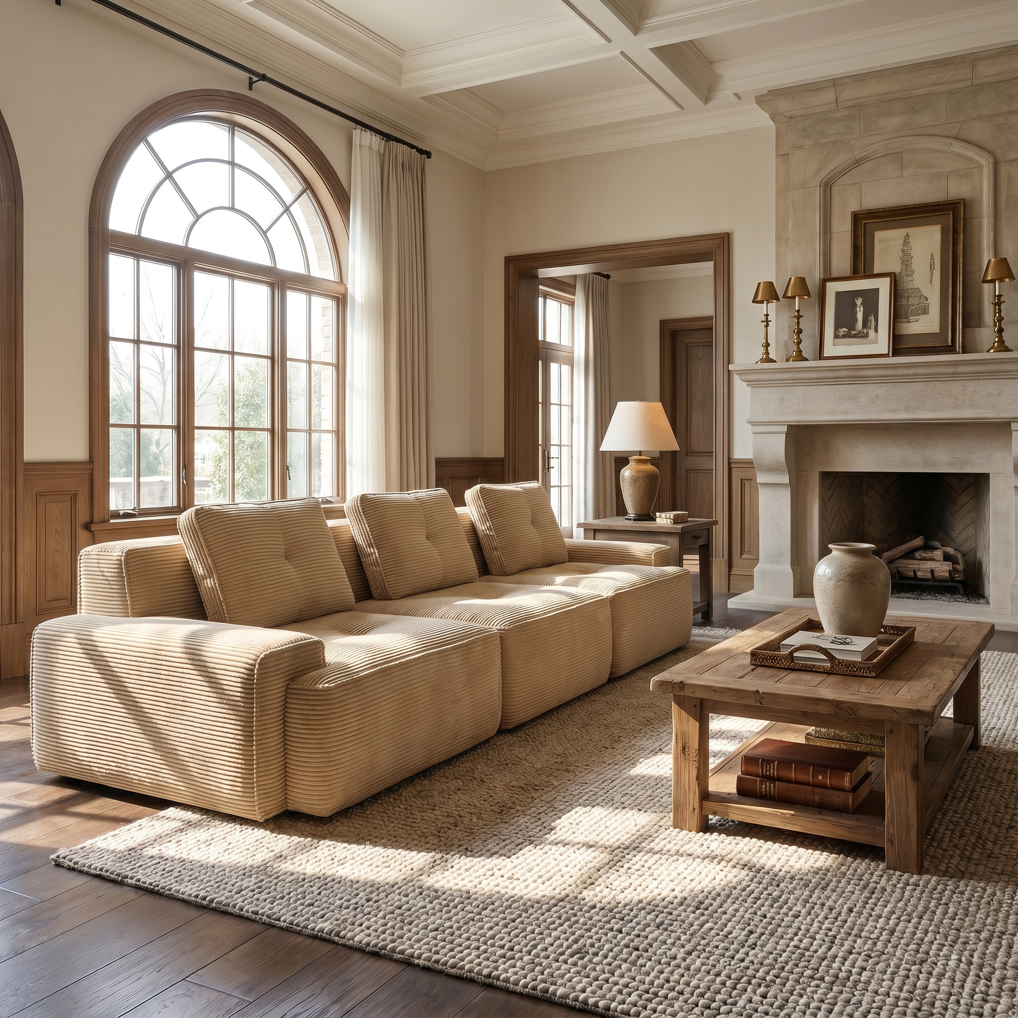 Racine beige modular sofa showing cozy traditional living room scene