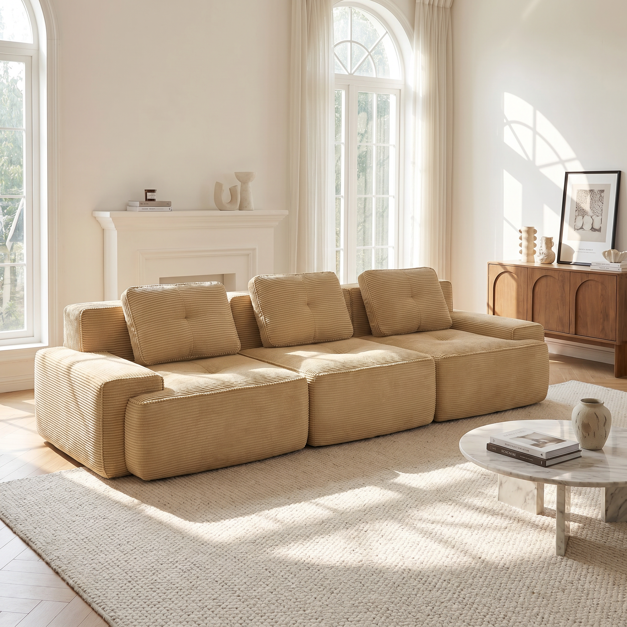 Racine beige modular sofa showing bright neutral living room with deep seating