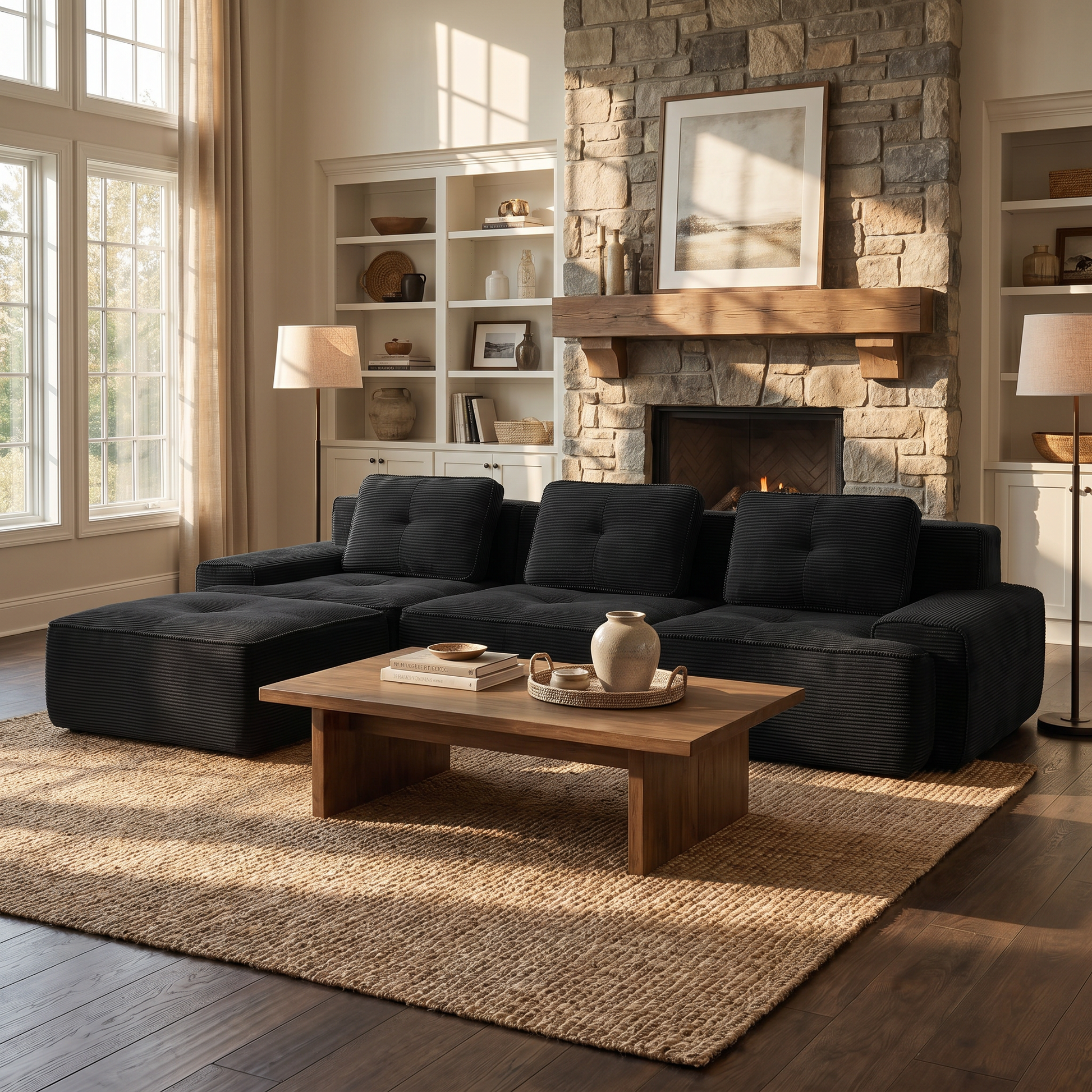 Racine black modular sofa showing angled living room view with modular ottomans