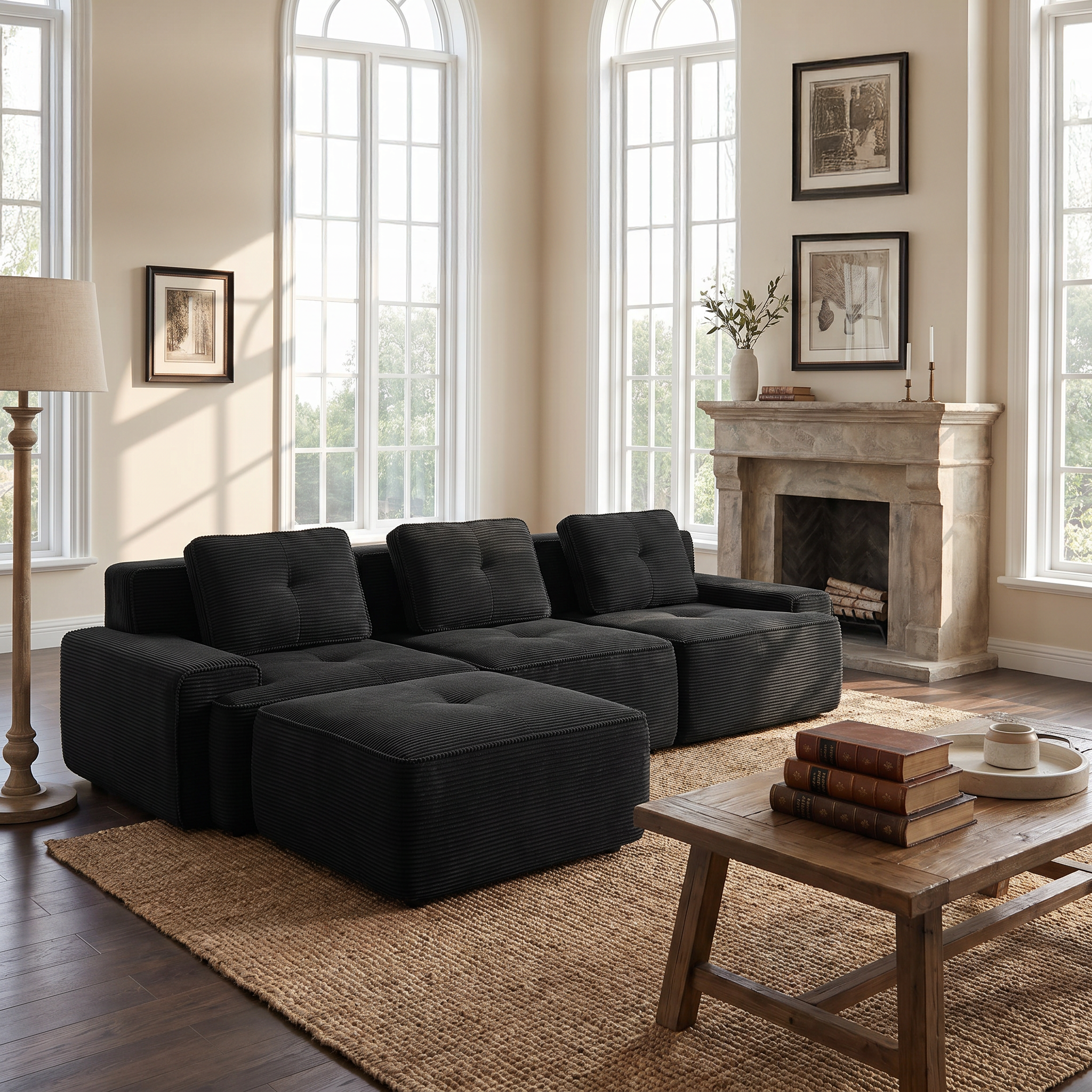 Racine black modular sofa showing angled living room view with modular ottomans
