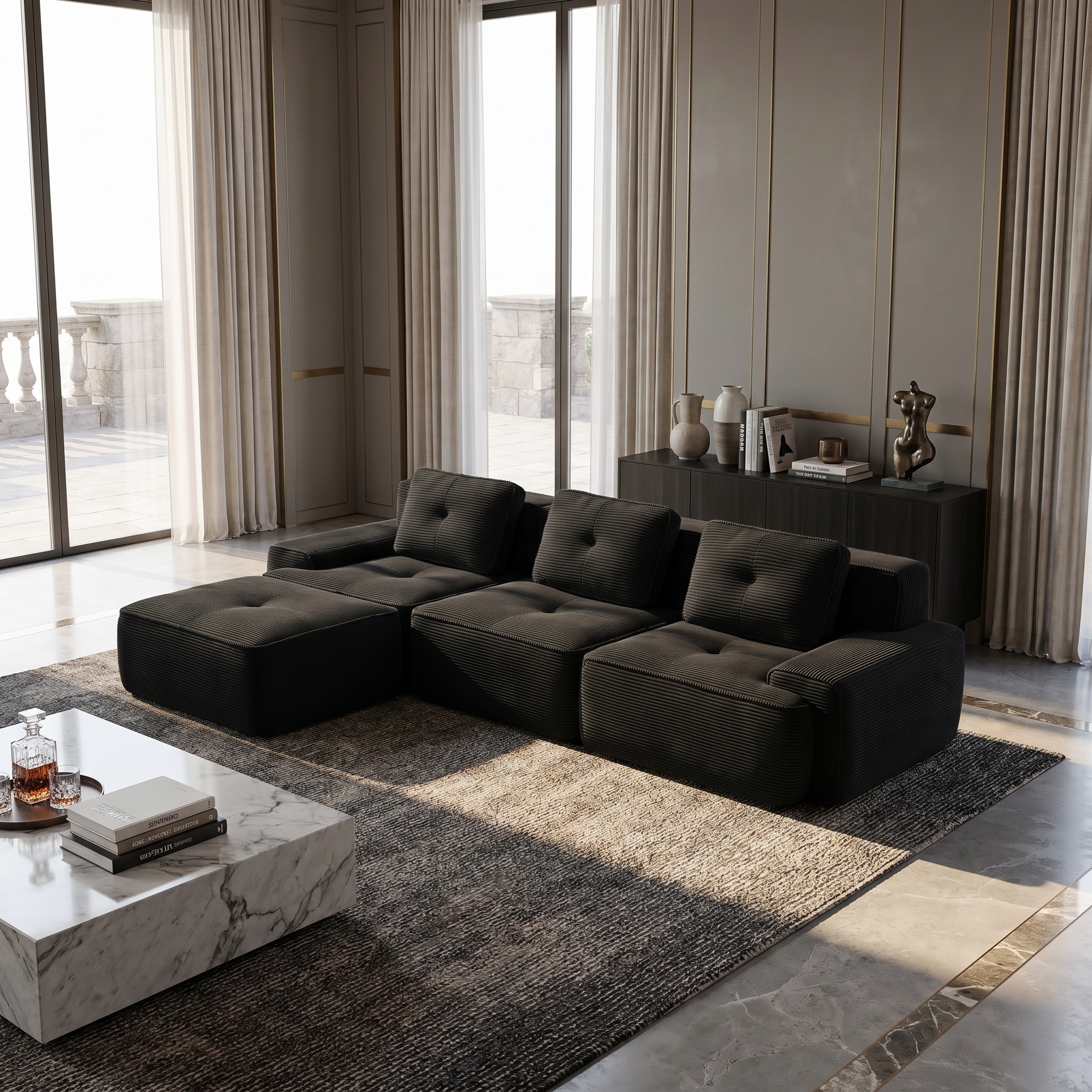 Racine black modular sofa showing angled living room view with modular ottomans