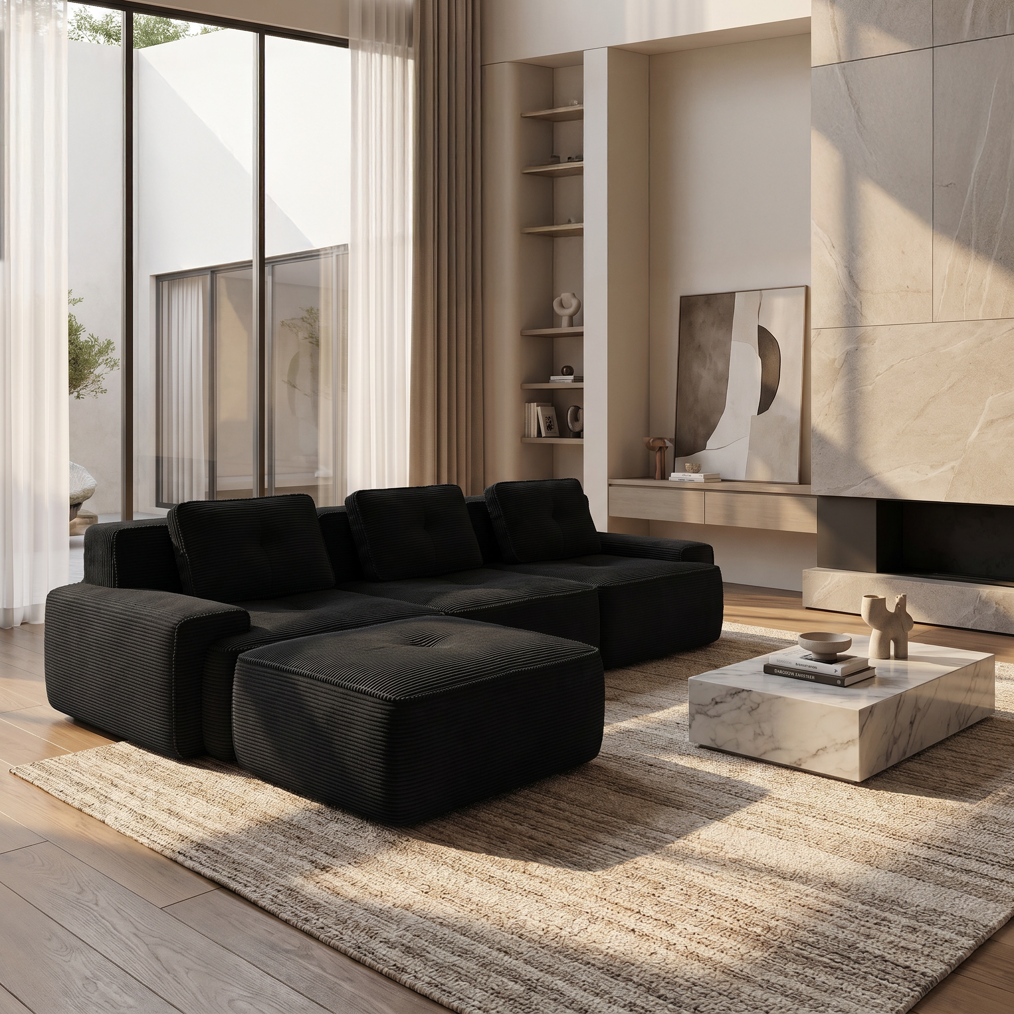 Racine black modular sofa showing angled living room view with modular ottomans