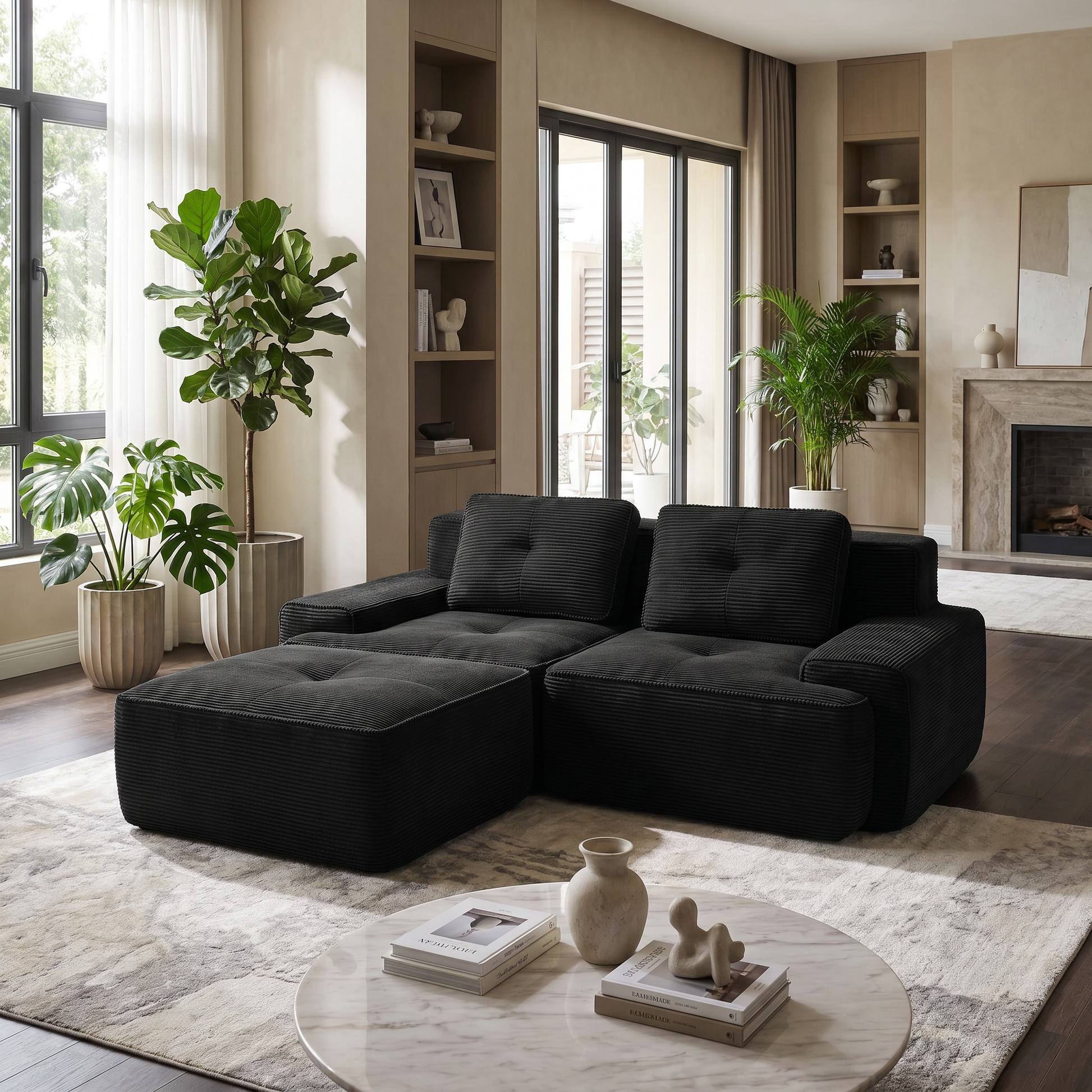 Racine black modular sofa showing front living room setup with dual ottomans
