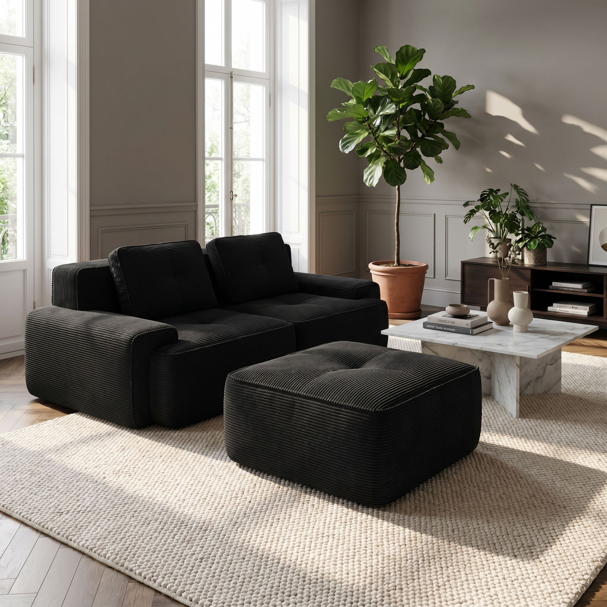 Racine black modular sofa showing front living room setup with dual ottomans
