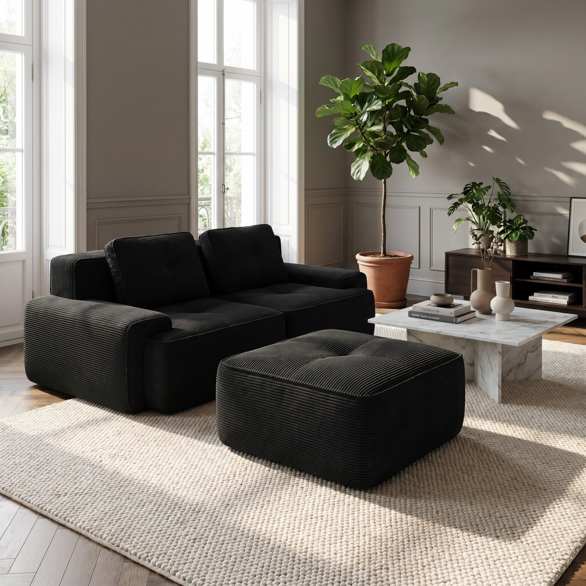 Racine black modular sofa showing front living room setup with dual ottomans
